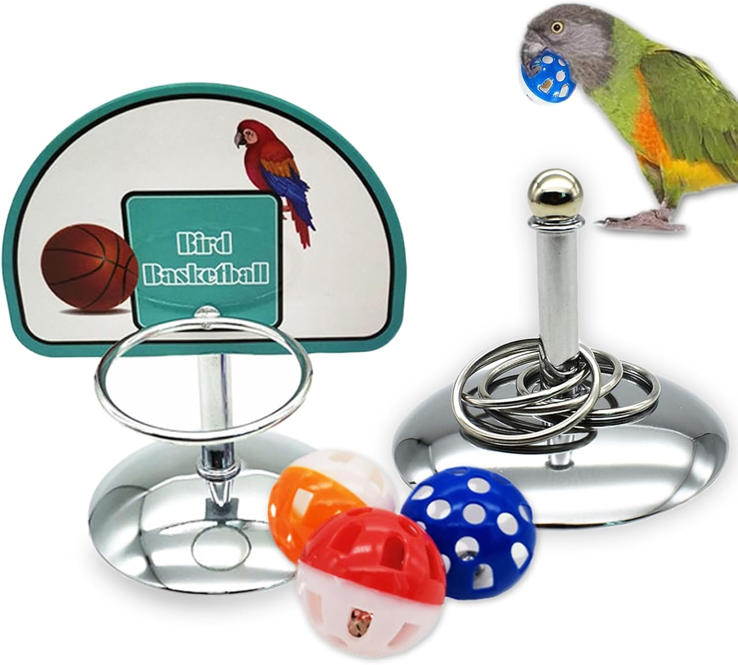 Wishesmar Metal Parrot Toys Set Parrot Training Toy Bird Educational Interactive Intelligence Toy Including Basketball Stacking Toy for Budgies Cockatiel Parakeet image number 3