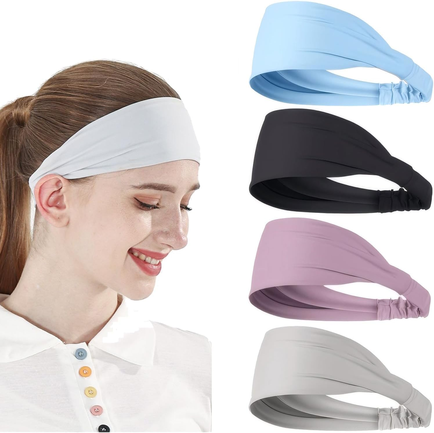 SILHOL Sport Headbands for Women 4 Pack, Elastic Soft Fabric Non Slip Hair Bands Hair Warp for Daily Workout Yoga Running Sports image number 2