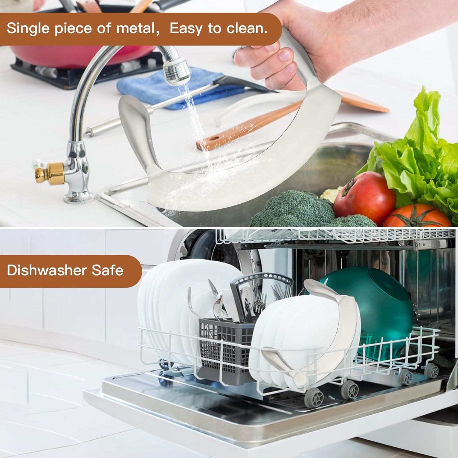 8.7 Inch Mezzaluna Knife with Wood Cutting Board - Stainless Steel Salad Chopper Rocker Pizza Cutter Rocker Knife Curved Blade Sharp Blade Double Handle Fruit Vegetable Mincing Knife image number 3