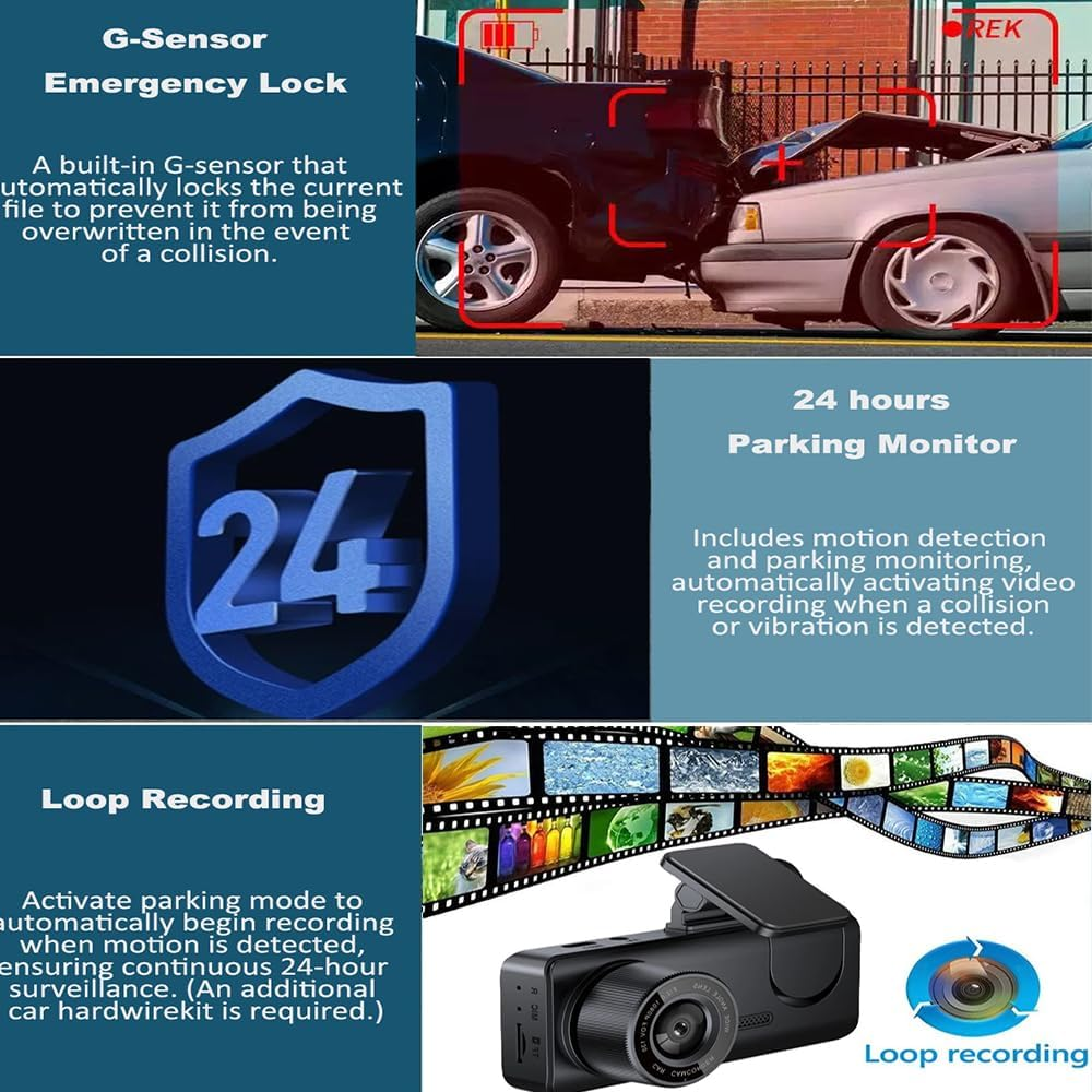 1080P Dash Camera with Wifi for Cars, 3 Channel Dash Cam Front and Rear inside with 32GB TF Card, 2.0" IPS Screen, Loop Recording, G-Sensor, WDR, 24H Parking Mode, Motion Detection