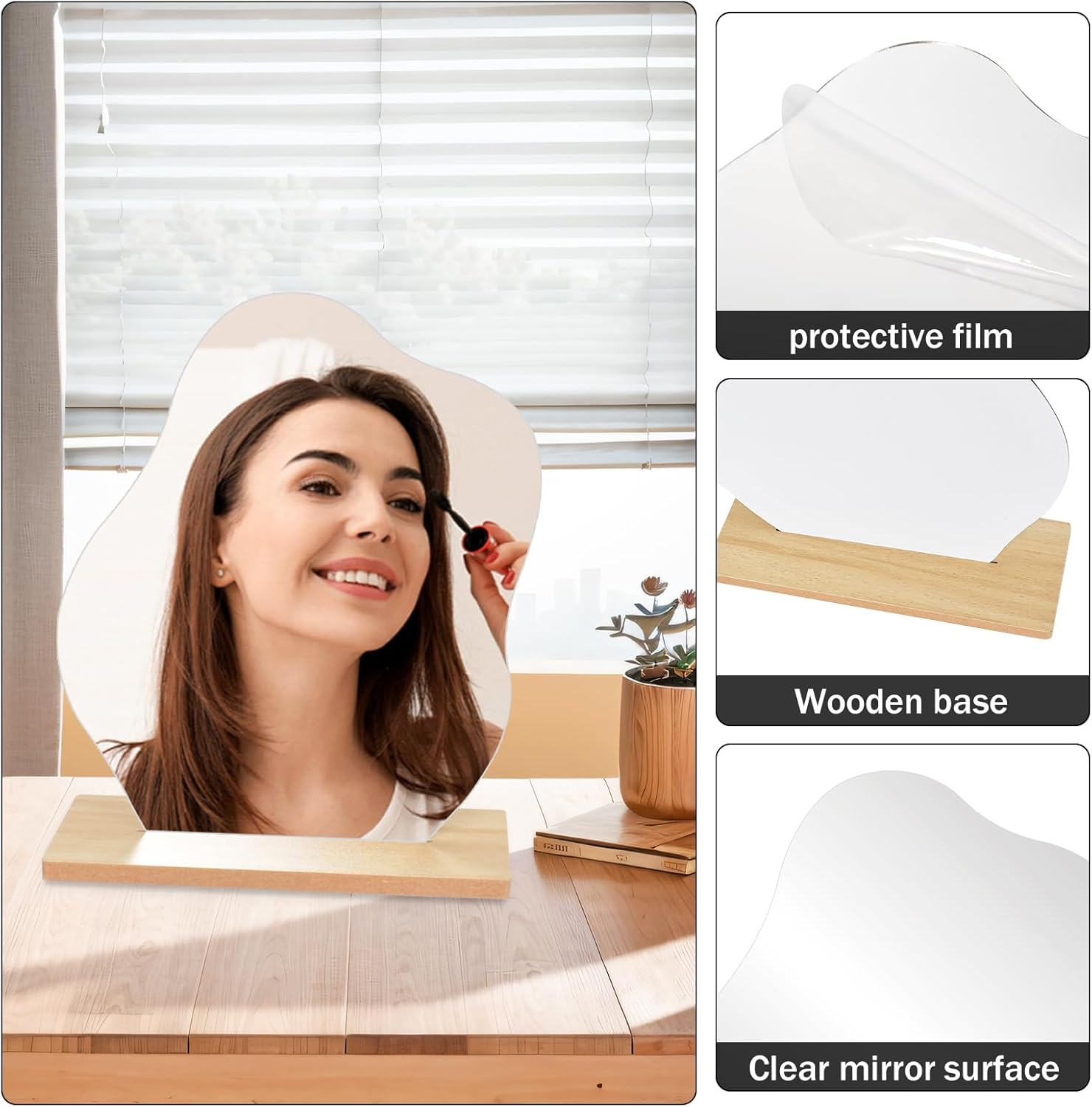 Irregular Aesthetic Vanity Mirror Frameless, Acrylic Vanity Makeup Mirror for Desk with Stand, Decorative Desk Tabletop Mirrors for Living Room, Bedroom, and Minimal Spaces Home Decor image number 2