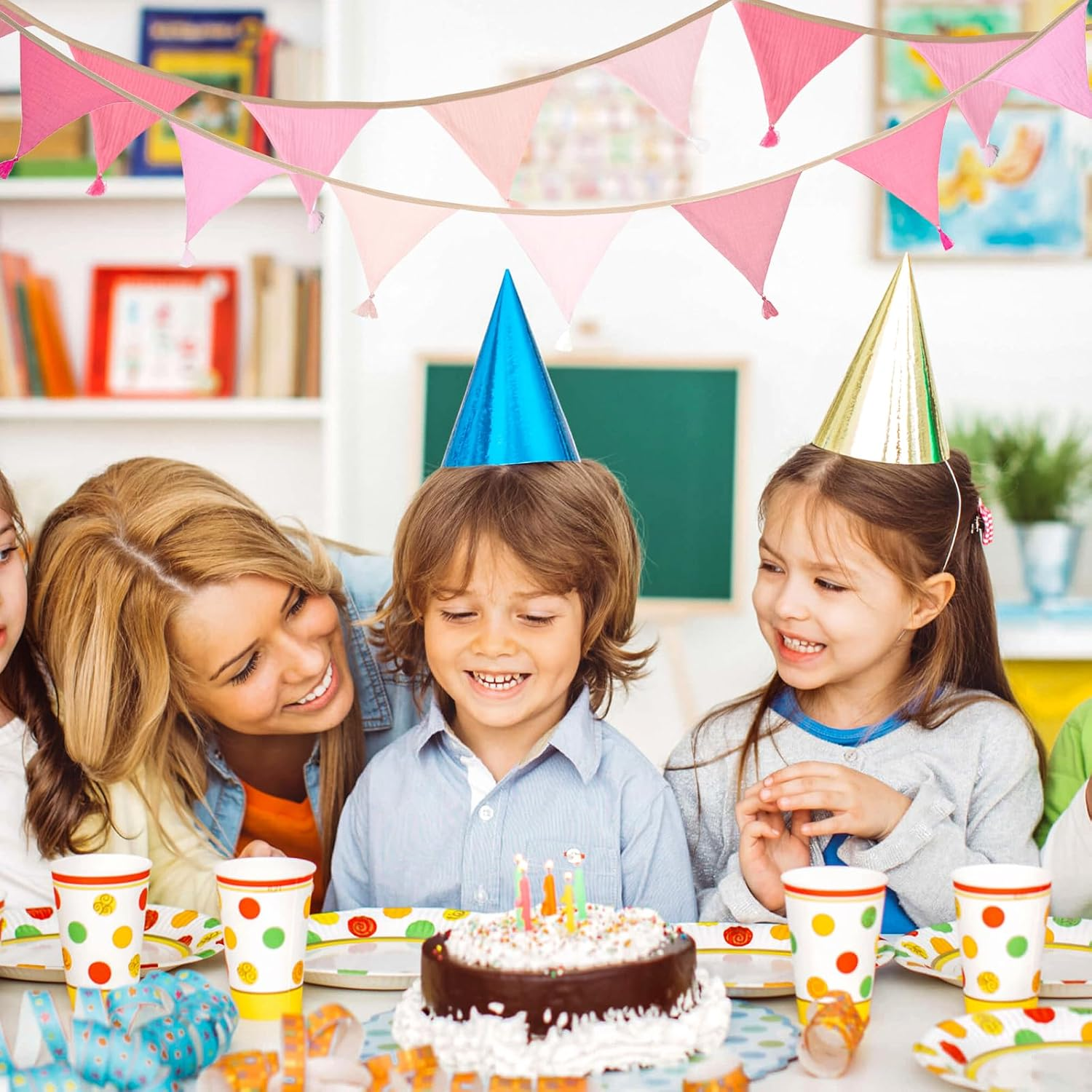 Children'S Room Bunting, Pink, 2.6 M Fabric Bunting Muslin with Tassels, Reusable Garland for Birthdays, Home, Camping image number 4