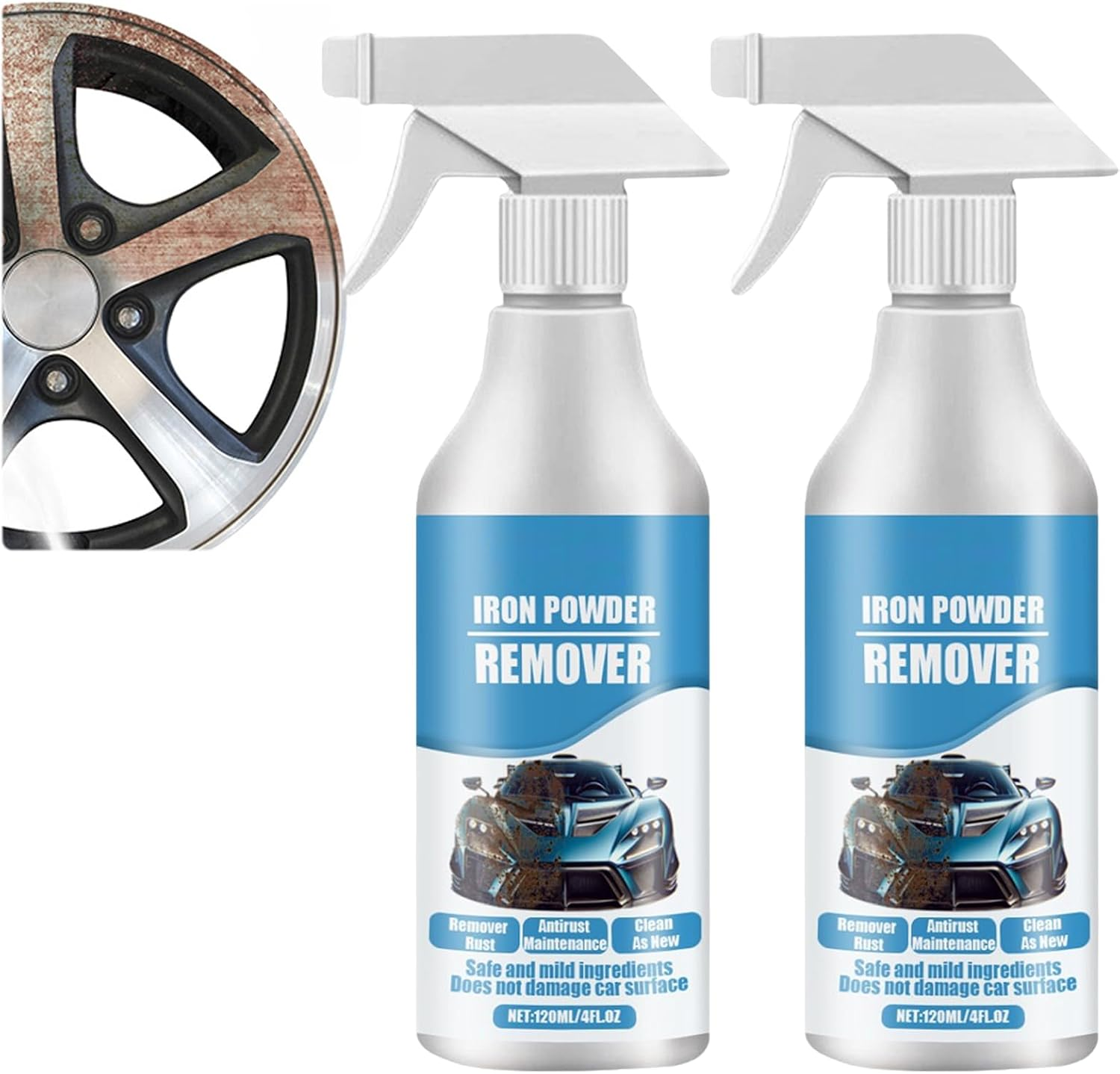 Car Rust & Iron Particle Remover Spray, Heavy Duty Rust Dissolver, Fast Acting Rust Remover Spray for Cars, Brake Dust, Wheels & Metal Tools, Chains, Stainless Steel, Multi-Surface Cleaner (2Pcs)