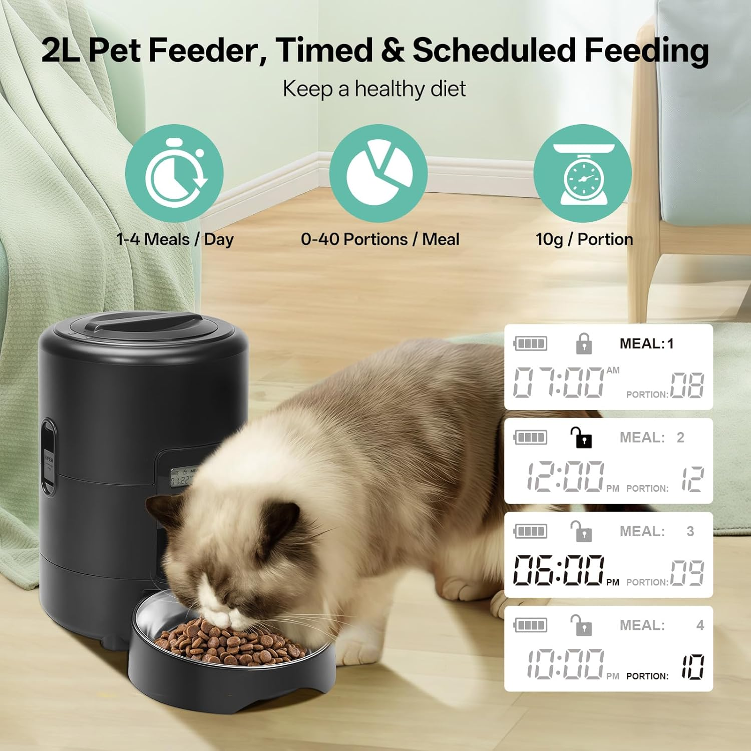 BFLICROY Automatic Cat Feeder, 2L Timed Pet Feeder, Reliable Scheduled Dog Food Dispenser, 1-4 Meals/Day, 1-40 Portions/Meal, Programmable Control, Dual Power Supply image number 6