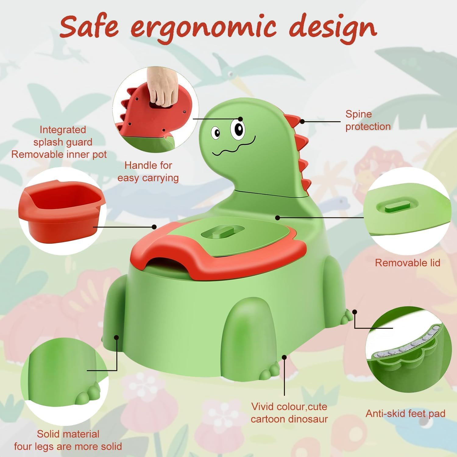 Dinosaur Potty Training Seat - Comfortable Toddler Potty Toilet Seat with Non-Slip Mat, Backrest & Soft Lid, Portable Potty Training Chair for Boys & Girls 1-6 Years (Lime Green) - Classic Red image number 5