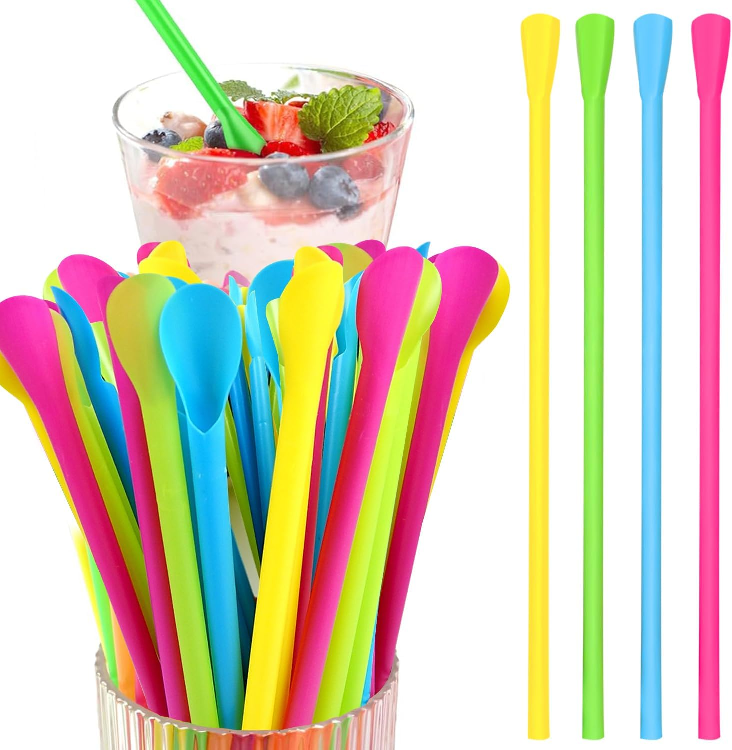 110 Pcs Spoon Straw, Plastic Straws with Spoons, Thickened and Hardened Food Grade Reusable Plastic Straws for Smoothie, Ice Cream, Drinking, Party, Stirring Spoon, Multiple Colors image number 2