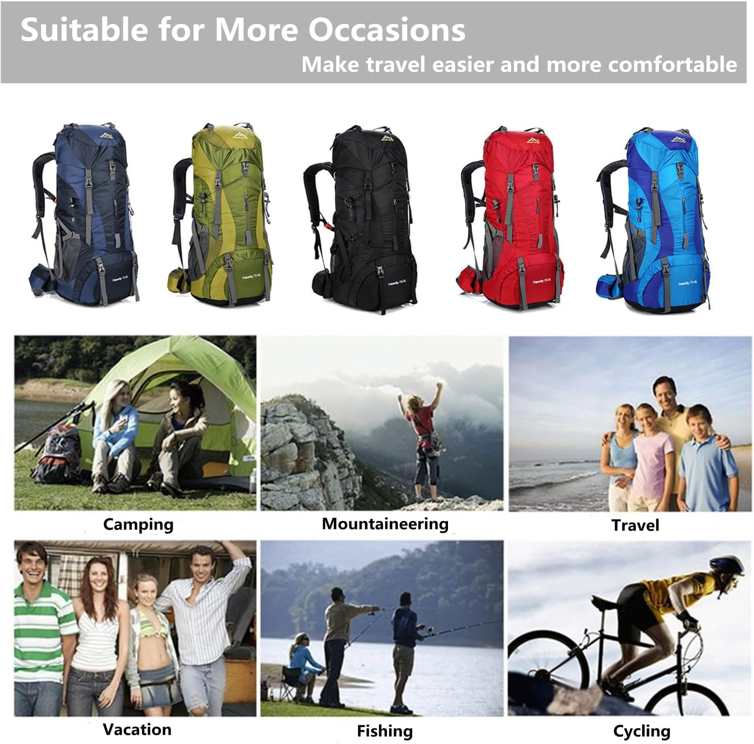 Hxdream Hiking Backpack,Hiking Travel Backpacks,70L Camping Backpack,Travel Backpack with Rain Cover,Suitable for Mountaineering, Camping, Tourism image number 6