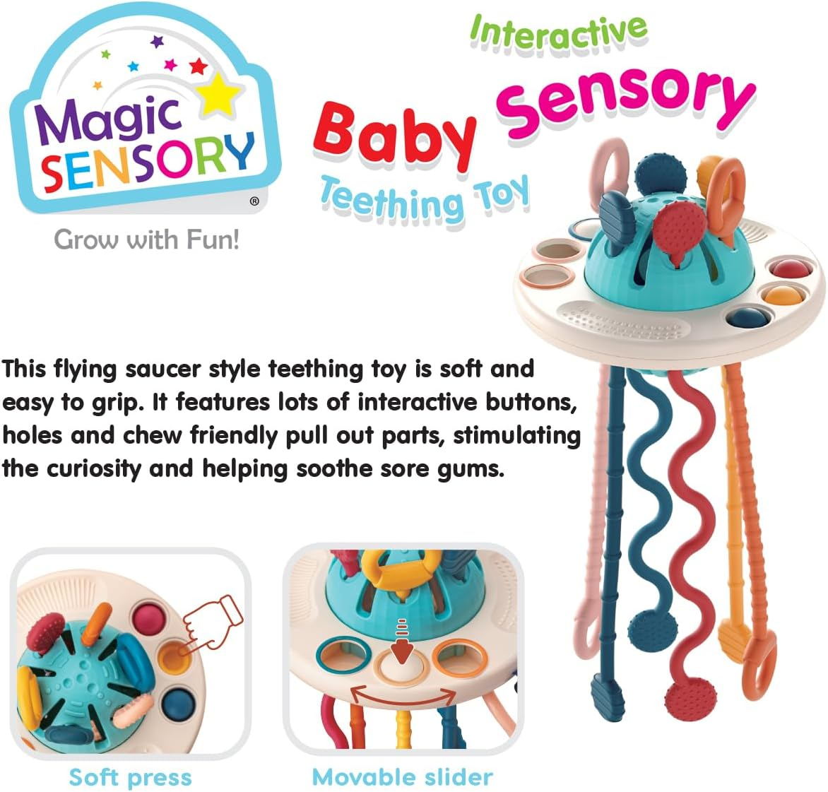 UFO Teething Toy &ndash; Baby Teething Toys for Toddlers 18+ Months, Flying Saucer Montessori Sensory Toys with Soft Silicone Chewy Tubes, Pull String Baby Toys &ndash; Bpa-Free & Travel-Friendly