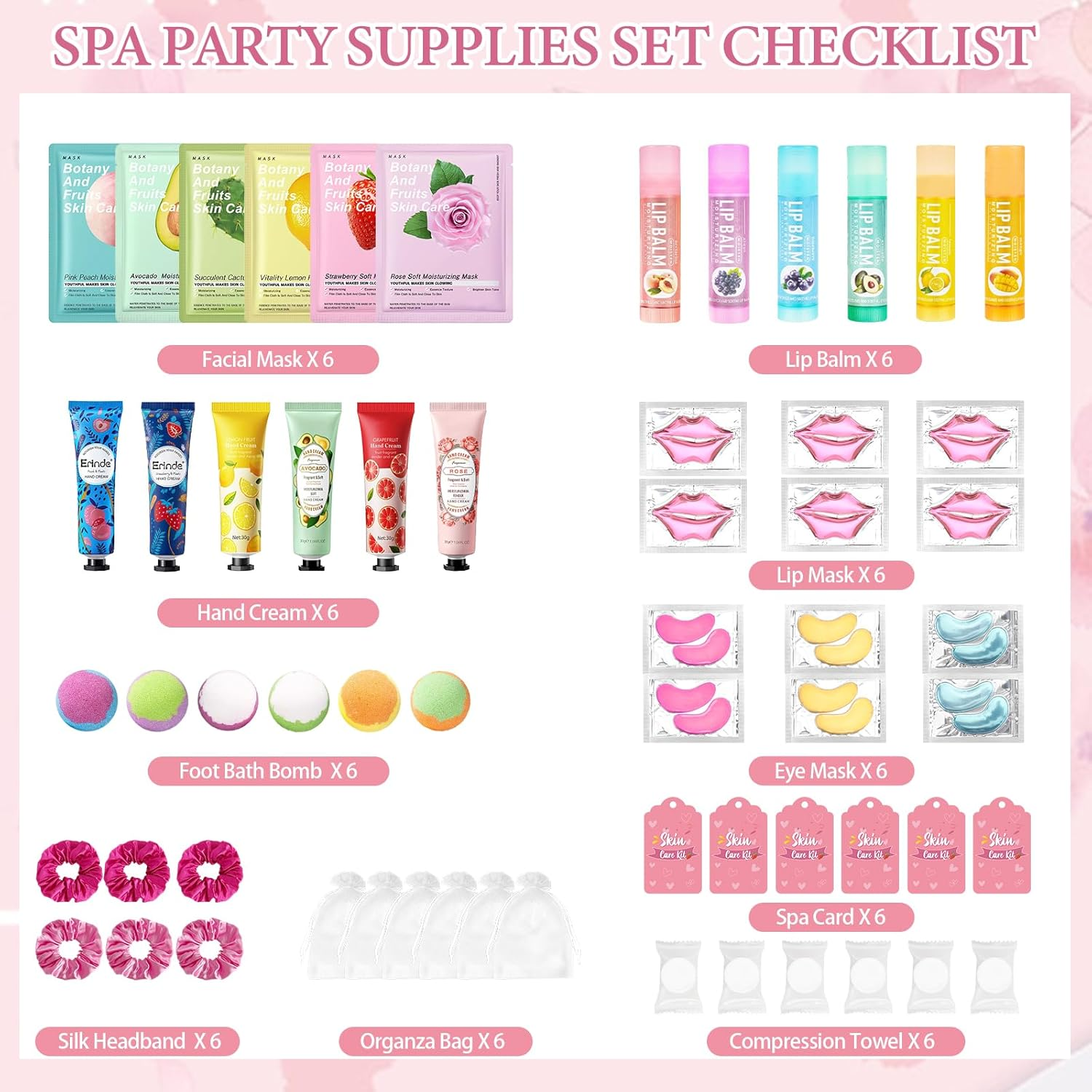 Erinde 60 PCS Spa Party Supplies for Girls, Spa Party Favors Include Face Masks Skincare, Hand Cream, Lip Balm, under Eye Patches, Lip Mask, Foot Bath Bombs, Bulk Birthday Sleepover Party Supplies image number 3