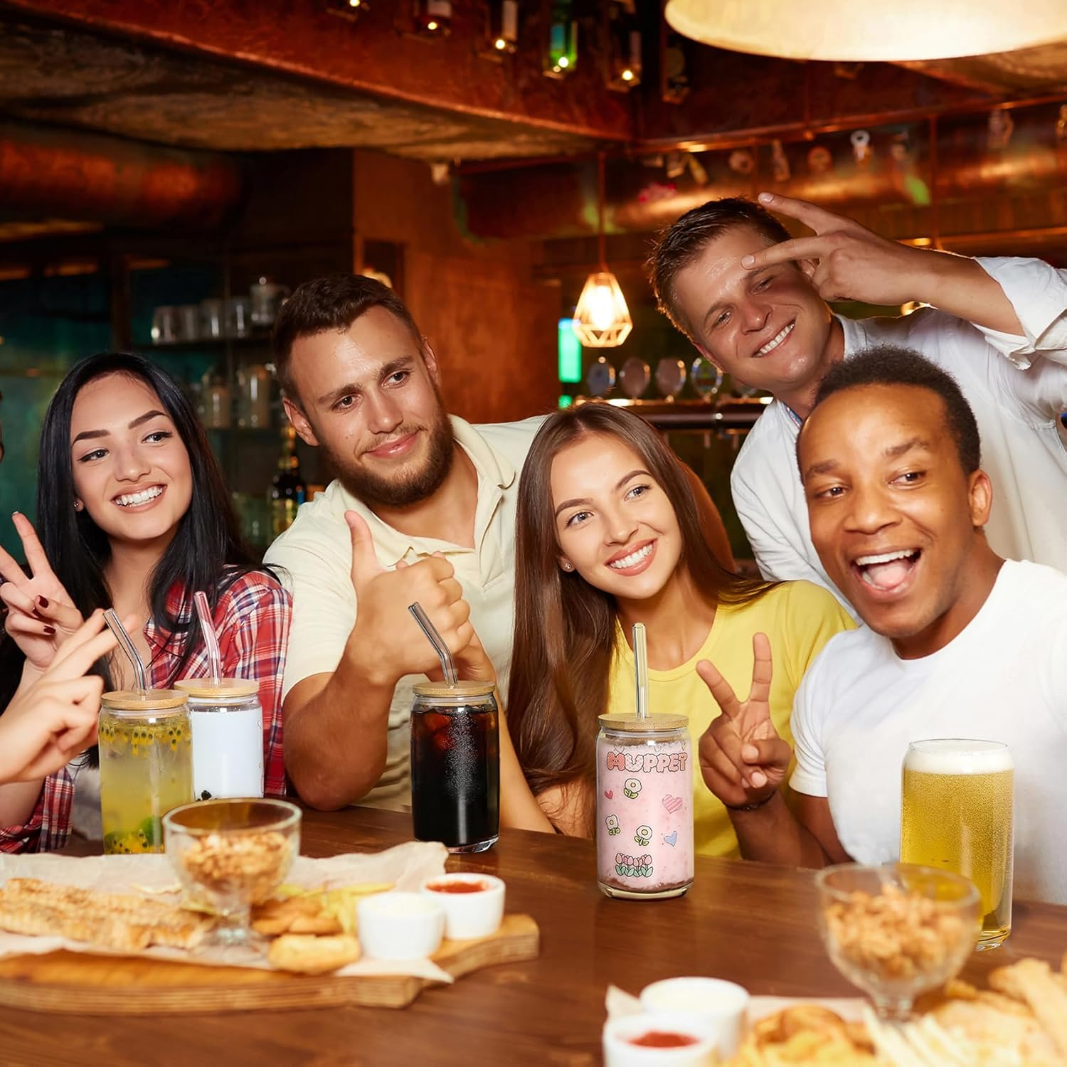 [ 6Pcs Set ] Glass Cups with Bamboo Lids and Glass Straw - Beer Can Shaped Drinking Glasses, 16 Oz Iced Coffee Glasses, Cute Tumbler Cup for Smoothie, Boba Tea, Whiskey, Water - 2 Cleaning Brushes image number 4