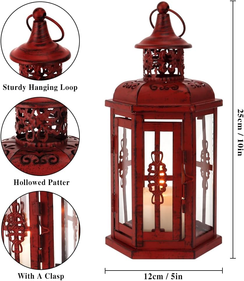JHY DESIGN Decorative Candle Lantern 10&ldquo;H Vintage Hanging Lantern Metal Candleholder for Indoor Outdoor Events Parities and Weddings (Red with Black Brush) - 10&ldquo;H Red image number 3
