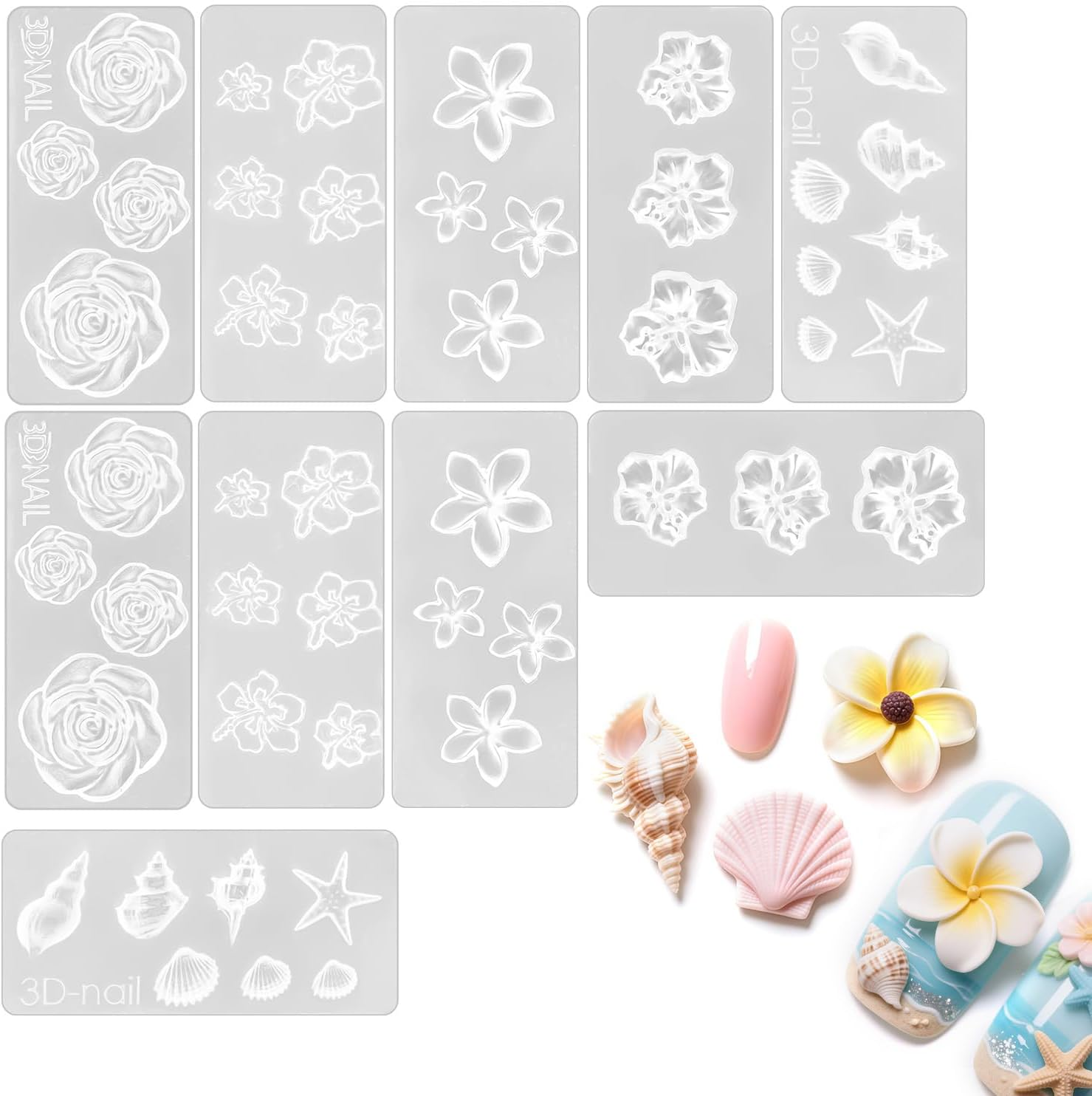 10Pcs Silicone Nail Molds, 3D Flower Shell Plumeria Rose Daisy Nail Charm Molds Art Tools for 3D Acrylic Gel Nails Design Manicure Decoration image number 5