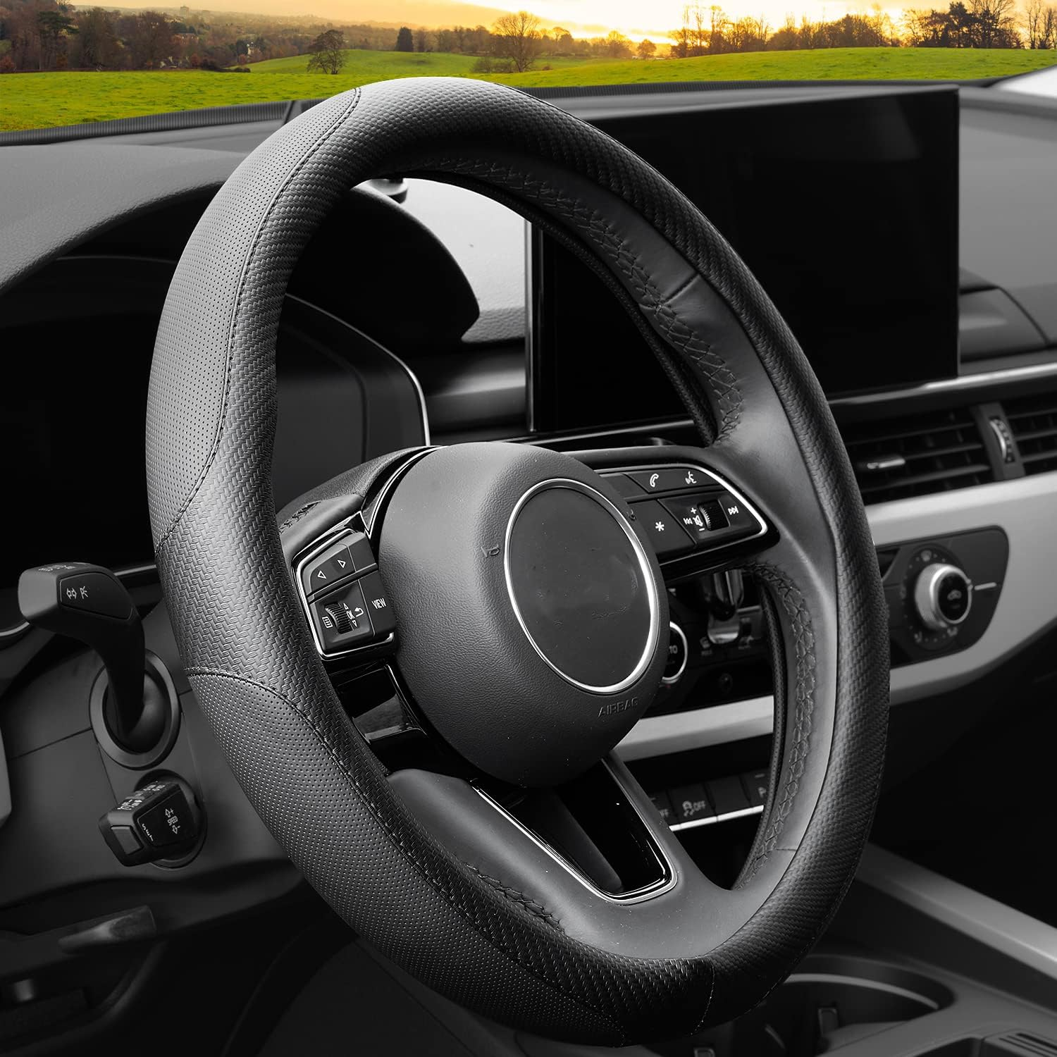 Soft Microfiber Leather Anti-Slip Car Steering Wheel Cover, Universal Fit 15 Inch for Women Girls, Fit Vehicles, Sedans, SUVS, Vans, Trucks - Black image number 5