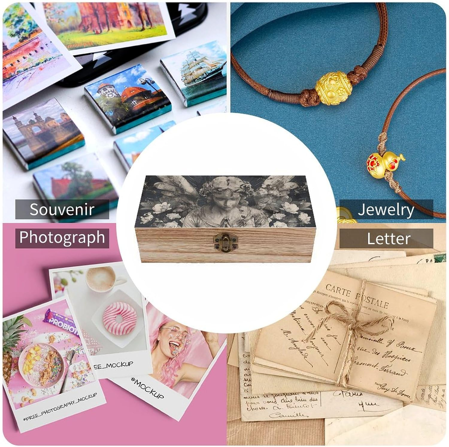 Praying Angel Flower Wooden Box Wood Wedding Keepsake Boxes with Lids Small Decorative Boxes Lightweight Wooden Memory Storage Box for Crafts Keepsakes Jewelry Photo Letter Storage image number 3