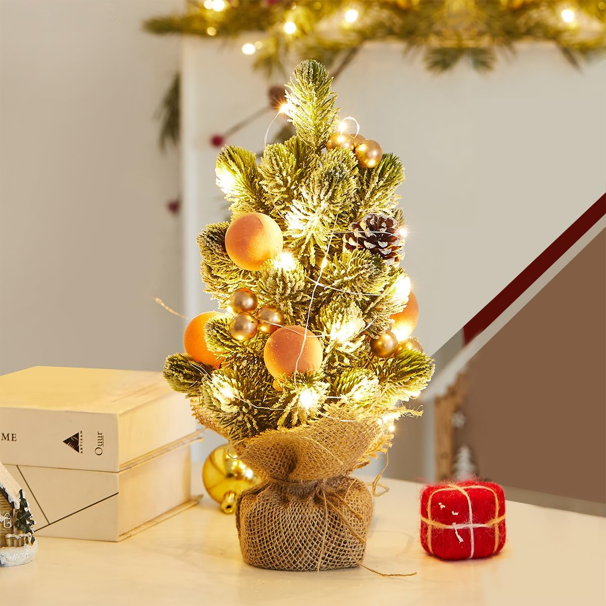 Burlap Small Christmas Tree Decor with Lights - Mini Tabletop Artificial Tree Centerpiece Christmas Gift Indoor Home Office Desk Holiday Decorations(Gold Ornament) image number 4