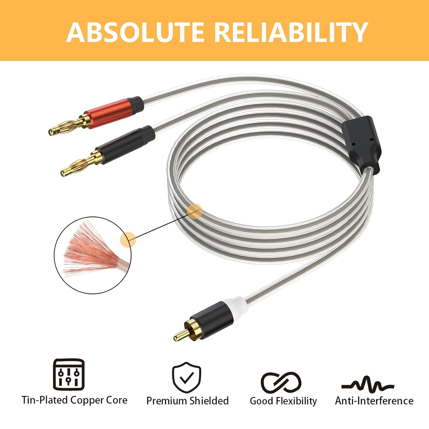 HOSONGIN RCA to Banana Plug Speaker Cable 3.3 Feet -2 Pack, Gold-Plated Dual-Shielding Hi-Fi Stereo Cable for Home Theater/Amplifier/Subwoofer/Speaker/Audio Receiver/Vinyl Record Player/Soundbar