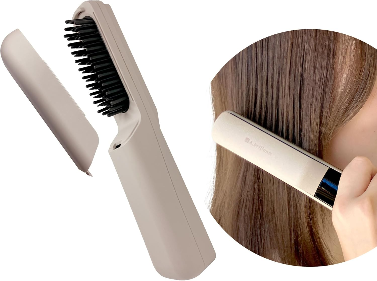 A.Brillante Cordless Hair Brush Iron, Mini USB Charging, Hair Iron, Brush, Straight, Heat Brush, Small, Compact, Ecru