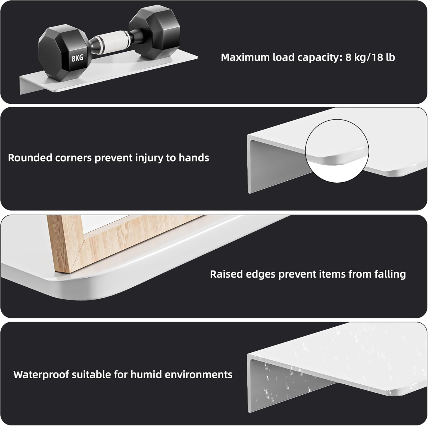 HNVNER Metal Wall Shelf, Set of 2, 40 Cm, White Floating Shelf, No Drilling, Aluminium Shower Shelf, Rustproof & Stick-On Assembly, for Wall Decoration and Storage in the Living Room, Bedroom