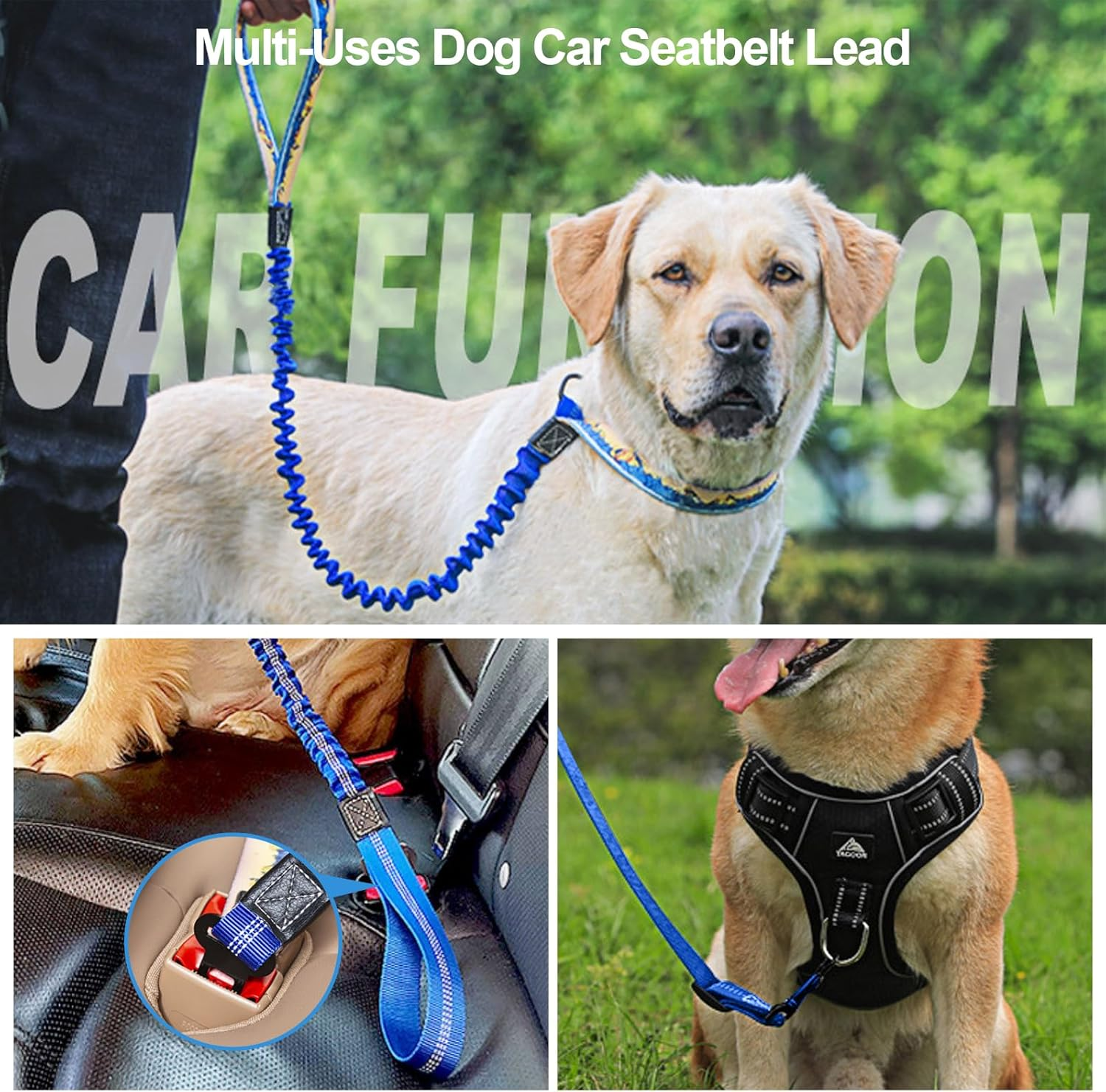 Proxima Direct Dog Car Seat Belt, Retractable Dog Car Harness Lead with Elastic Bungee Buffer, Reflective Nylon Adjustable Pet Dog Collar Leash with Safe Clip Buckle for All Cars Travel Camping Blue