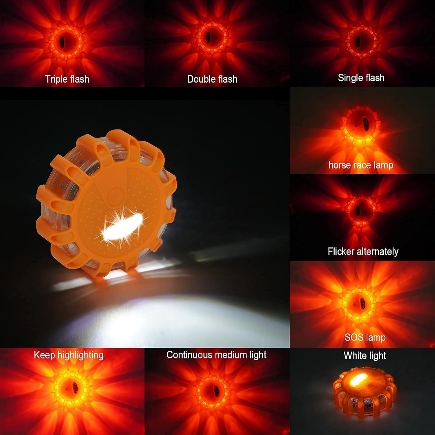 LED Road Flares Safety Flashing Warning Lights, Magnetic Base Hook Carrying Bag 9 Flash Modes, for Car Truck Boat 3Pack(Batteries Not Included) Orange image number 3