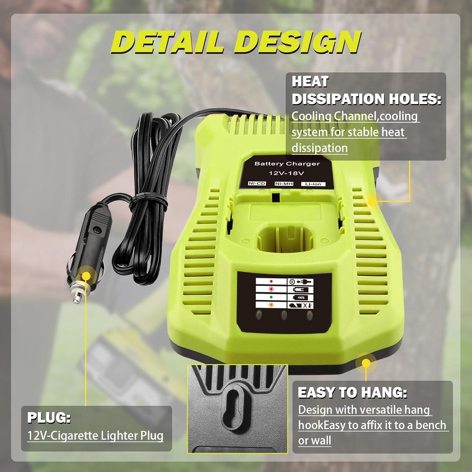 Rapid Auto Charger Replacement for Ryobi One+ 12V 14.4V 18V Lithium-Ion/Nicad/Nimh Battery, Car Vehicle Charger for Ryobi P102 P108 P189 P197 P103 P105 P107 P190 P191 PBP002 PBP005 image number 4