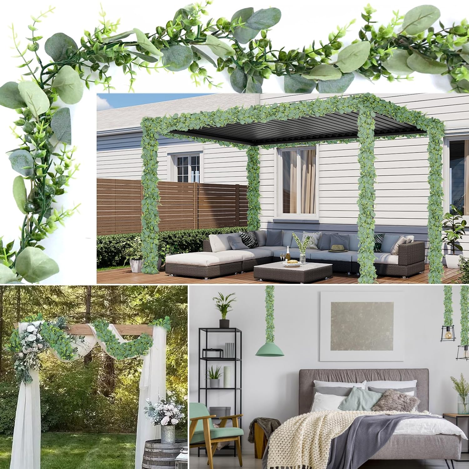 Faux Eucalyptus Garland Plant, 4 Pack Artificial Vines Hanging Eucalyptus Leaves Greenery Garland for Wedding Backdrop Arch Wall Decor, 5.5 Feet/Pcs UV Protected (Green with Spary White)