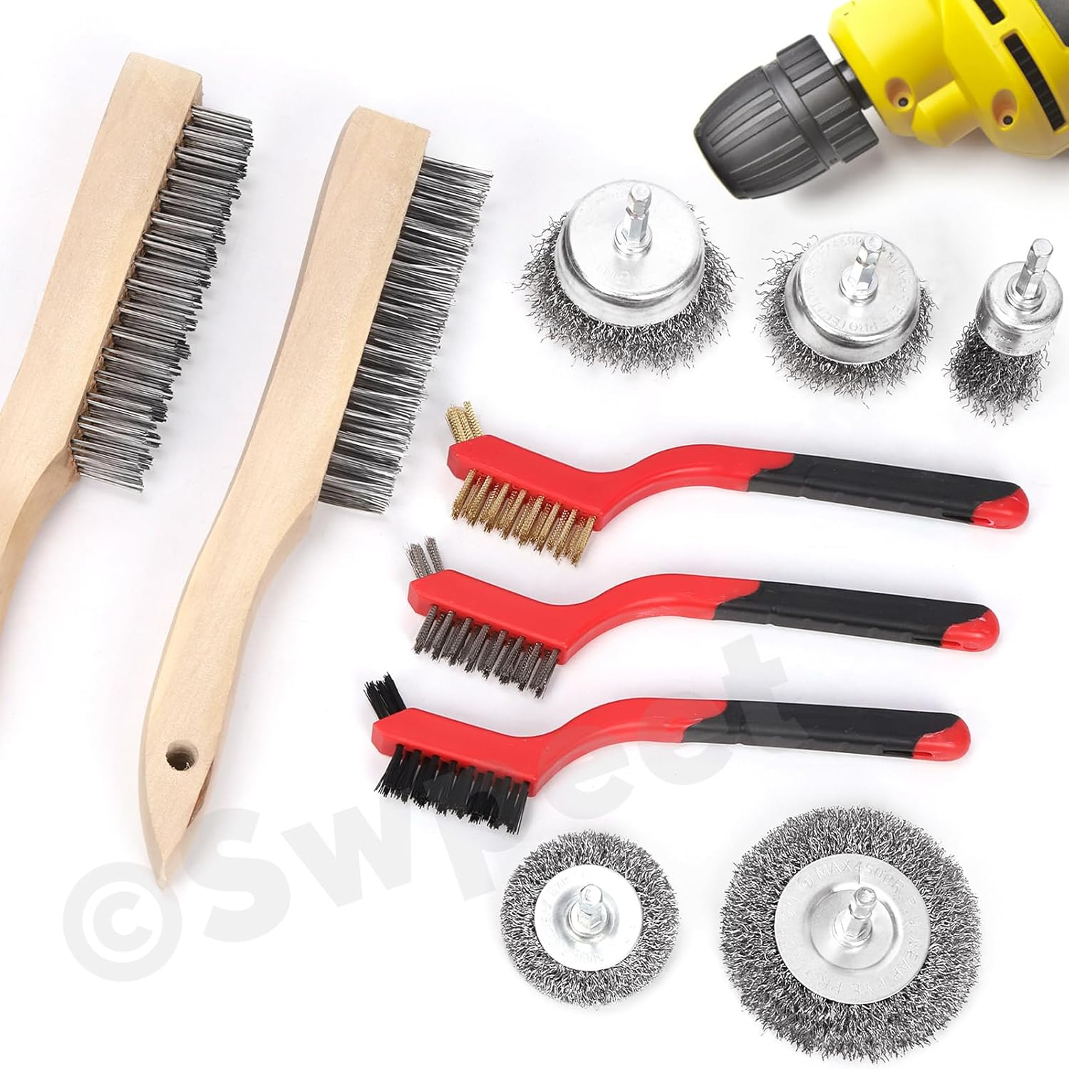 Swpeet 10Pcs Wire Brush Set, Including 5Pcs Wire Wheel Cup Brush, 3Pcs Stainless Steel/Brass/Nylon Bristles with Curved Handle Grip and 2Pcs Stainless & Carbon Steel Wire Brush for Deep Cleaning image number 1