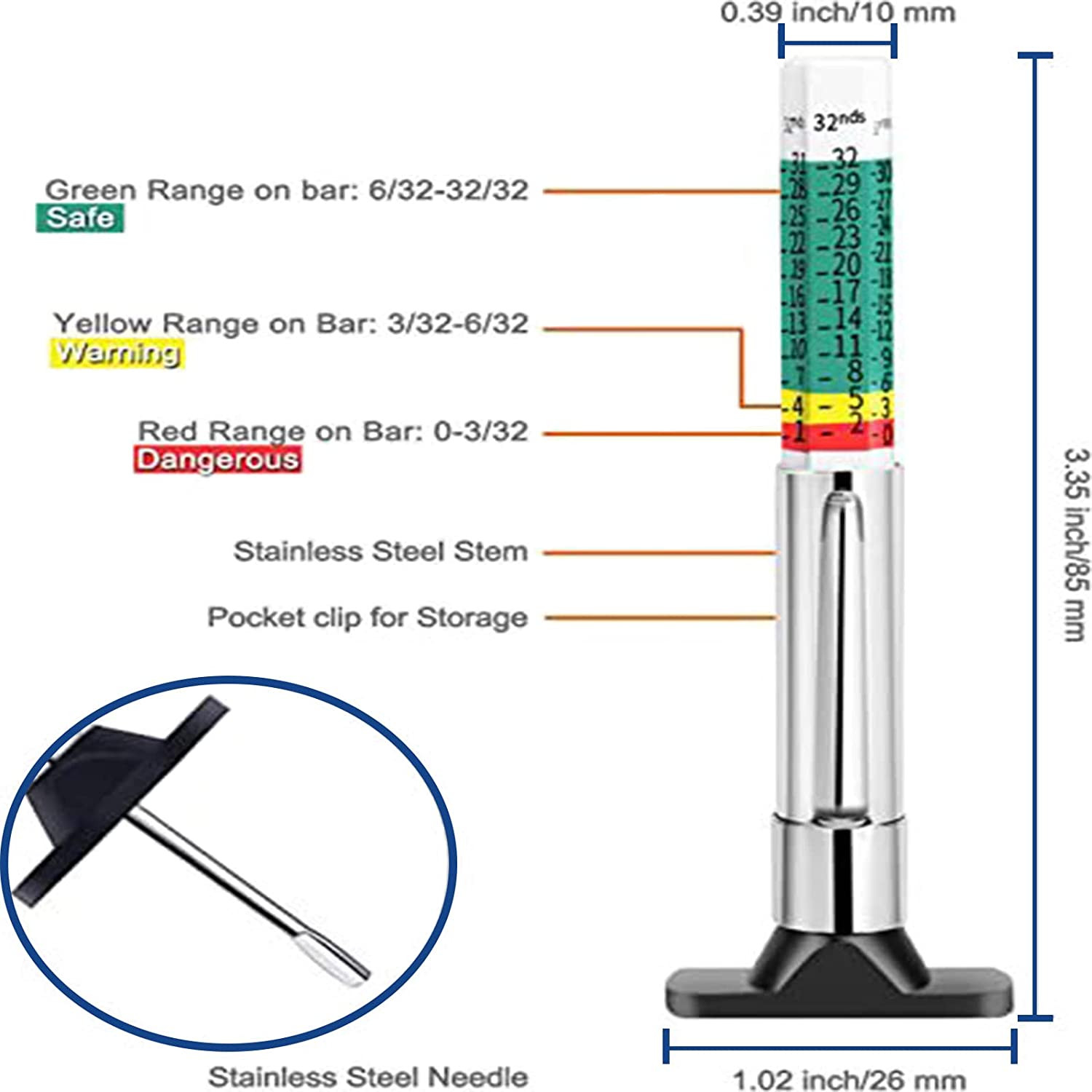Heeke 2PCS Tire Tread Depth Gauge - Two-Sided Smart Color Coded Tire Tread Depth Measurement Tool Tire Wear Gauge in 32Nds image number 3