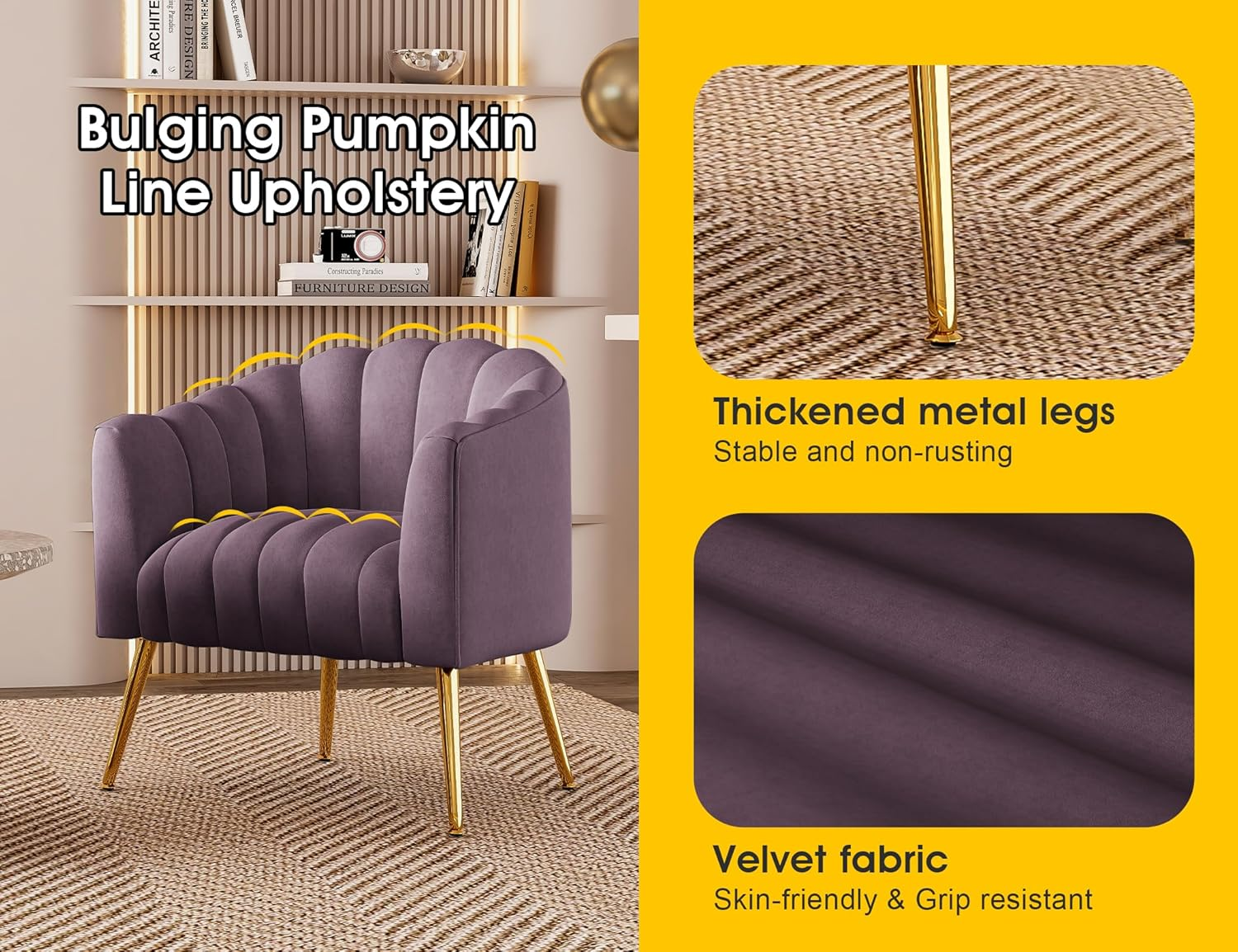 SEYNAR Oversized Pumpkin Couch Accent Chair, Modern Comfy Velvet Upholstered Barrel Chairs, Luxury Single Sofa Armchair for Living Room, Waiting Room, Office and Vanity