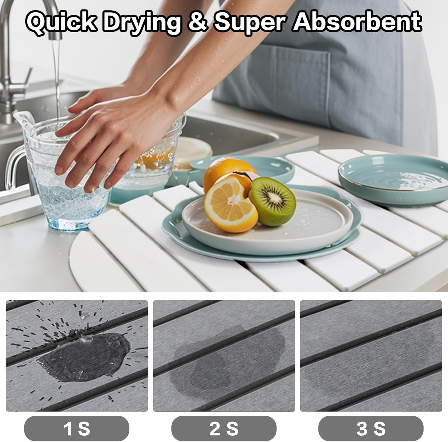 Diatomaceous Earth Dish Drying Mat, Fast Dry Stone Kitchen Counter Pad, Foldable Large Absorbent Dish Drying Stone Mat for Kitchen Dishes Bottles Cups Bathroom Any Countertop (White-Ellipse, 60X39Cm) - Grey image number 2