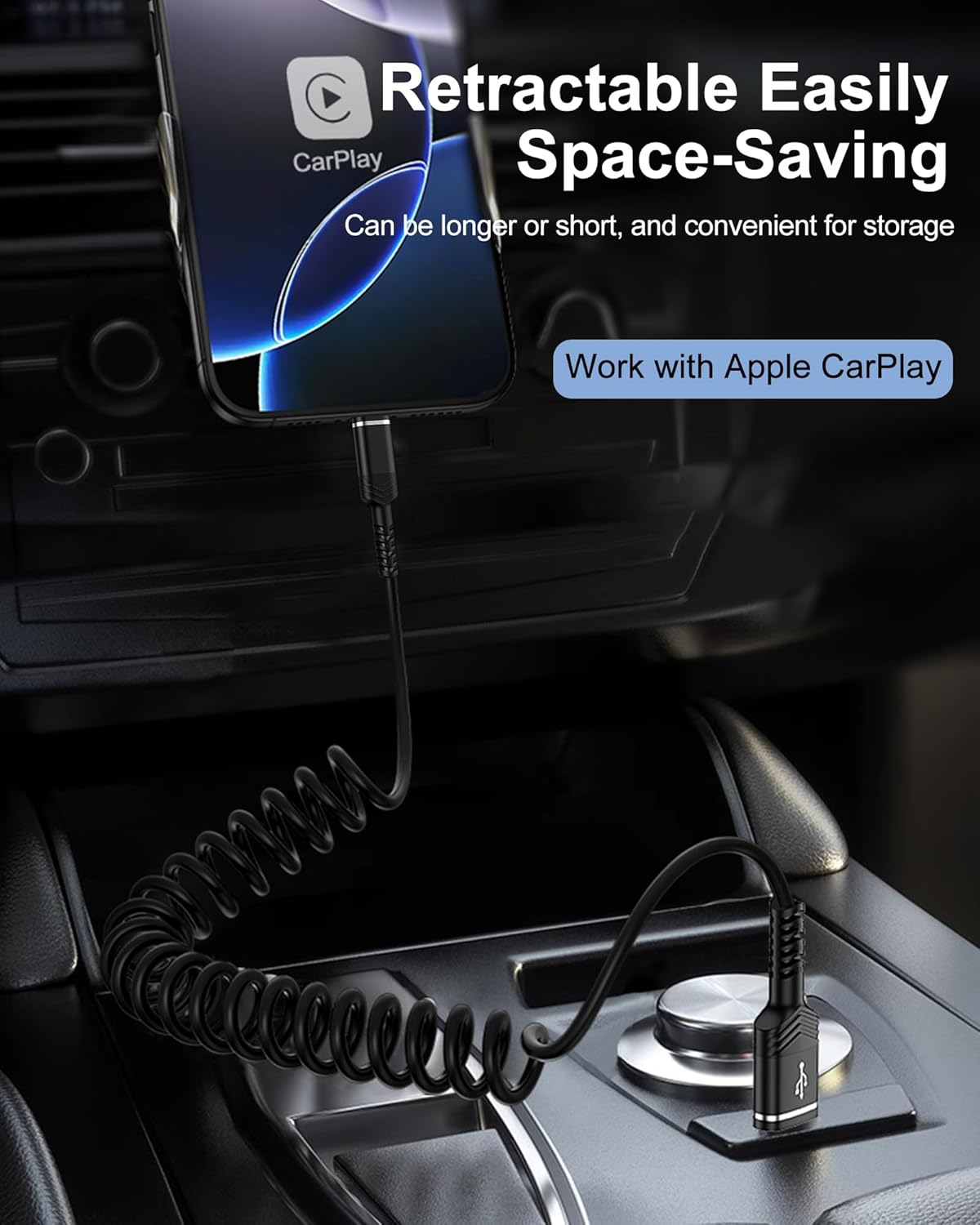 USB to USB C Cable Coiled Auto Wire, Type C Car Phone Charger Fast Charging Cord for Iphone 16E 15 Pro Max/16 Pro/16 Plus/Galaxy/Pixel, Retractable USB-C Power Line for Apple Carplay & Android Auto image number 4