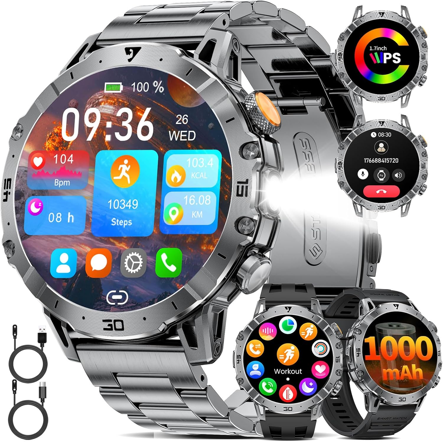 Military Smart Watch for Men (Answer/Make Calls), 1.7" Display with 1000Mah Large Battery/Led Flashlight/3 Straps/2 Charger, Health Tracking, 114 Sports Modes, IP68, Digital Man Watch for Android Ios image number 6