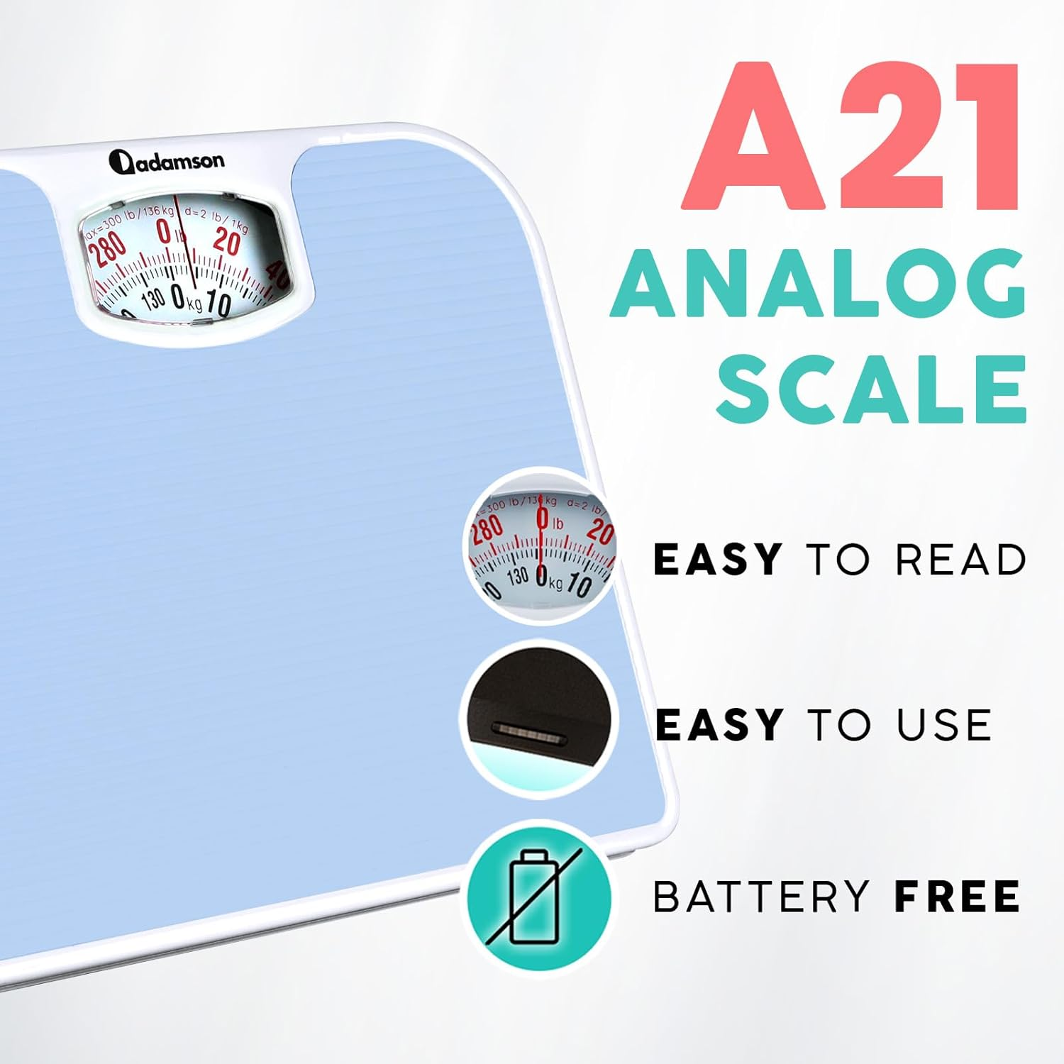 Adamson A21 Analog Scales for Body Weight - up to 300 LB - New Version - Anti-Skid Rubber Surface + Large Numbers - Analog Bathroom Scale - Affordable - Durable with 20-Year Assurance - Light Blue image number 3