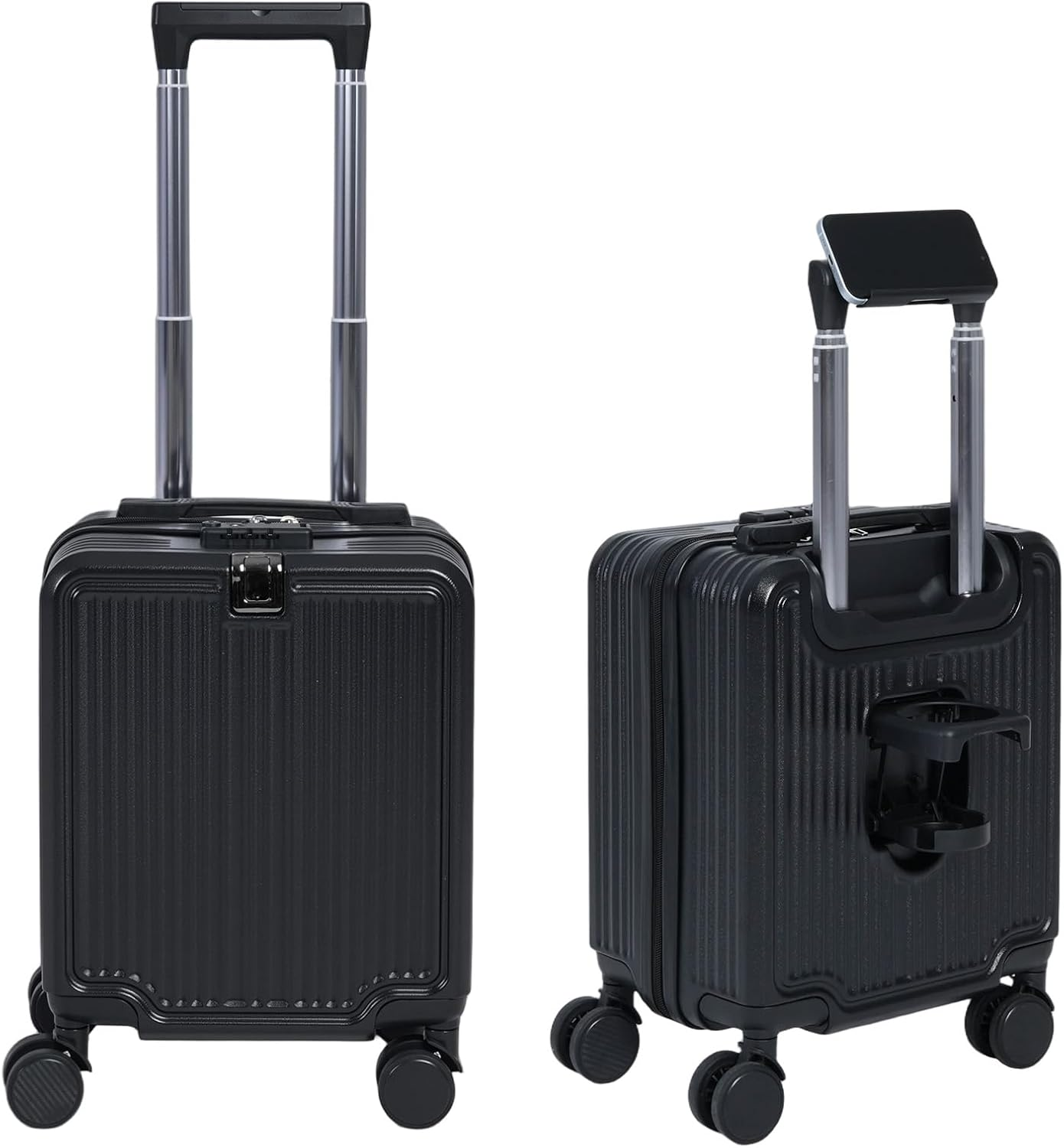 Yodolla 14" Carry-On Suitcase, Hard Shell Luggage with Phone Holder & Cup Holder, 25L Capacity, TSA Approved Lock, 360&deg; Spinner Wheels, Lightweight ABS, Perfect for Domestic Travel, Black image number 1
