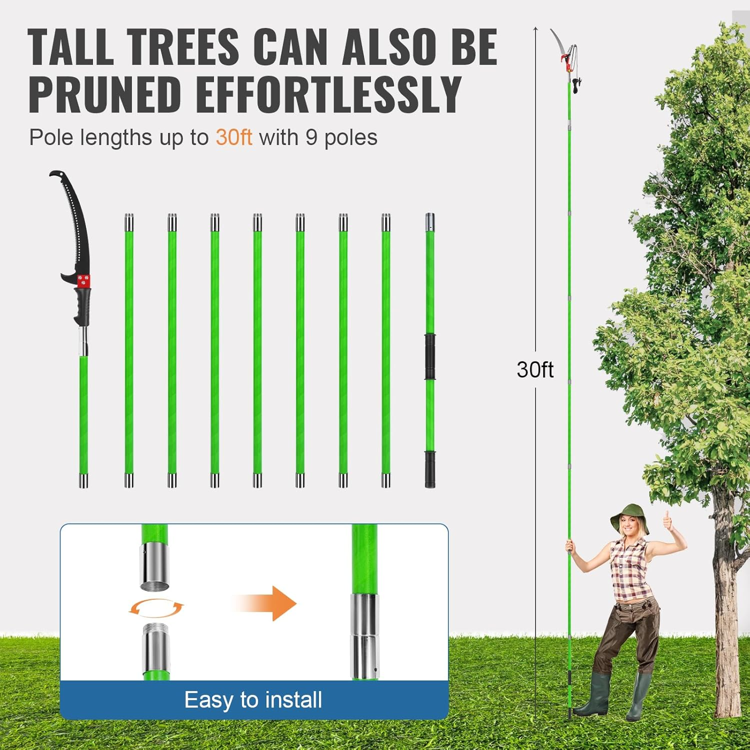 30 Ft Manual Pole Saw, Extendable Tree Pruner Blade and Scissors Set with 9 Fiberglass Handles, Long Branch Pruner Retractable for Backyard and Garden, Bush Cutting and Pruning of Palm Trees image number 1