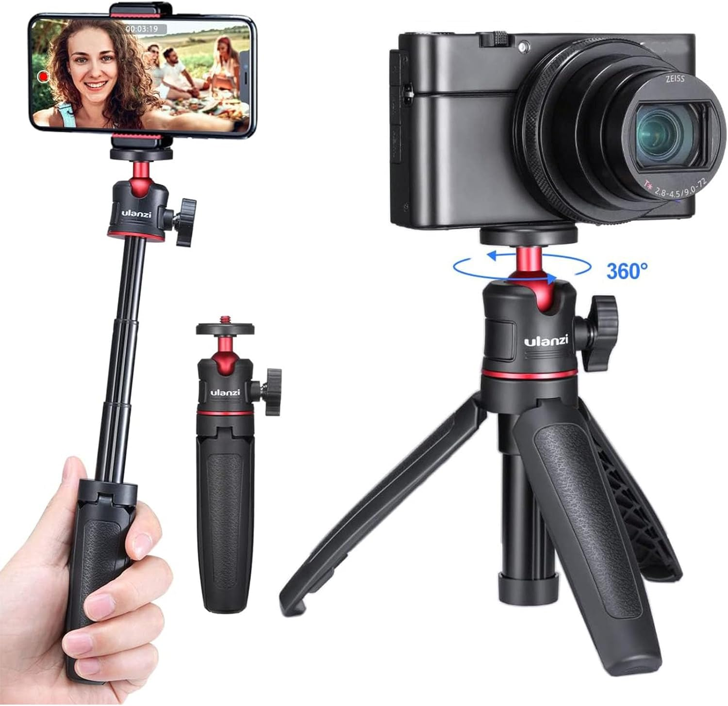 ULANZI MT-08 Extension Phone Tripod, Mini Selfie Stick Tripod Stand Handle Grip for Osmo Pocket 3 4 / Iphone/Samsung/Google Smartphone Canon G7X Mark III Sony RX100 VII A6400 A6600 Cameras