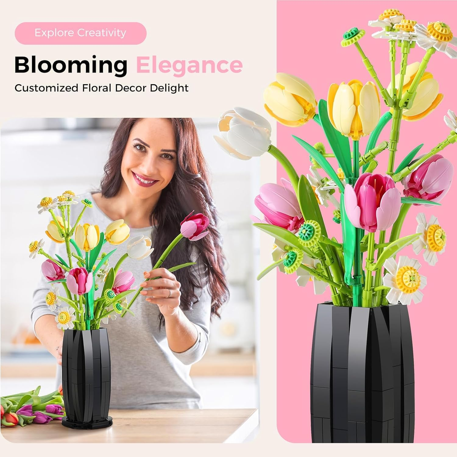 Flowers Bouquet Building Set with Tulips Daisies -1250 PCS Flower Model with Vase for Home Office Decor, Gifts for Mother'S Day Women'S Day Birthdays image number 2