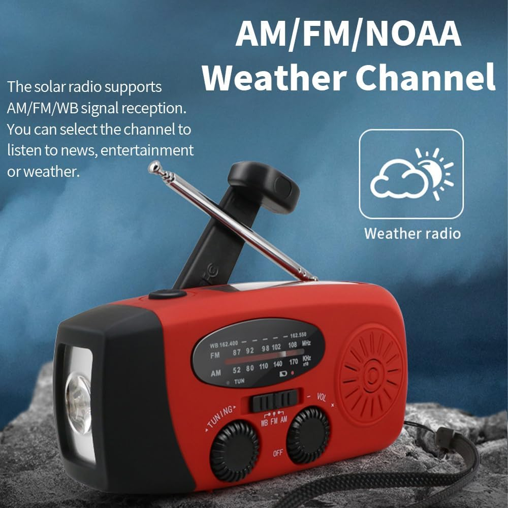 TOMVAES 2000Mah Emergency Crank Weather Radio,Noaa/Fm/Am Solar Radios, Portable Survival Radio,Led Flashlight, Cell Phone Charger for Camping Hiking,Red image number 4