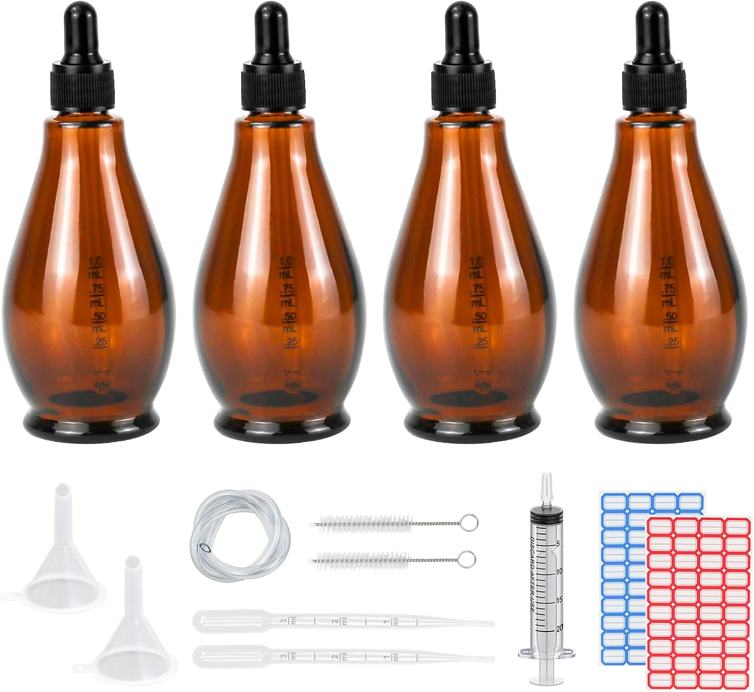 Reyshin 8 Pack Pear Shaped Amber Glass Bottles with Dropper Pipettes - Refillable Sample Bottles for Essential Oil, Massage Aromatherapy, Eye Drops (Amber 20Ml)