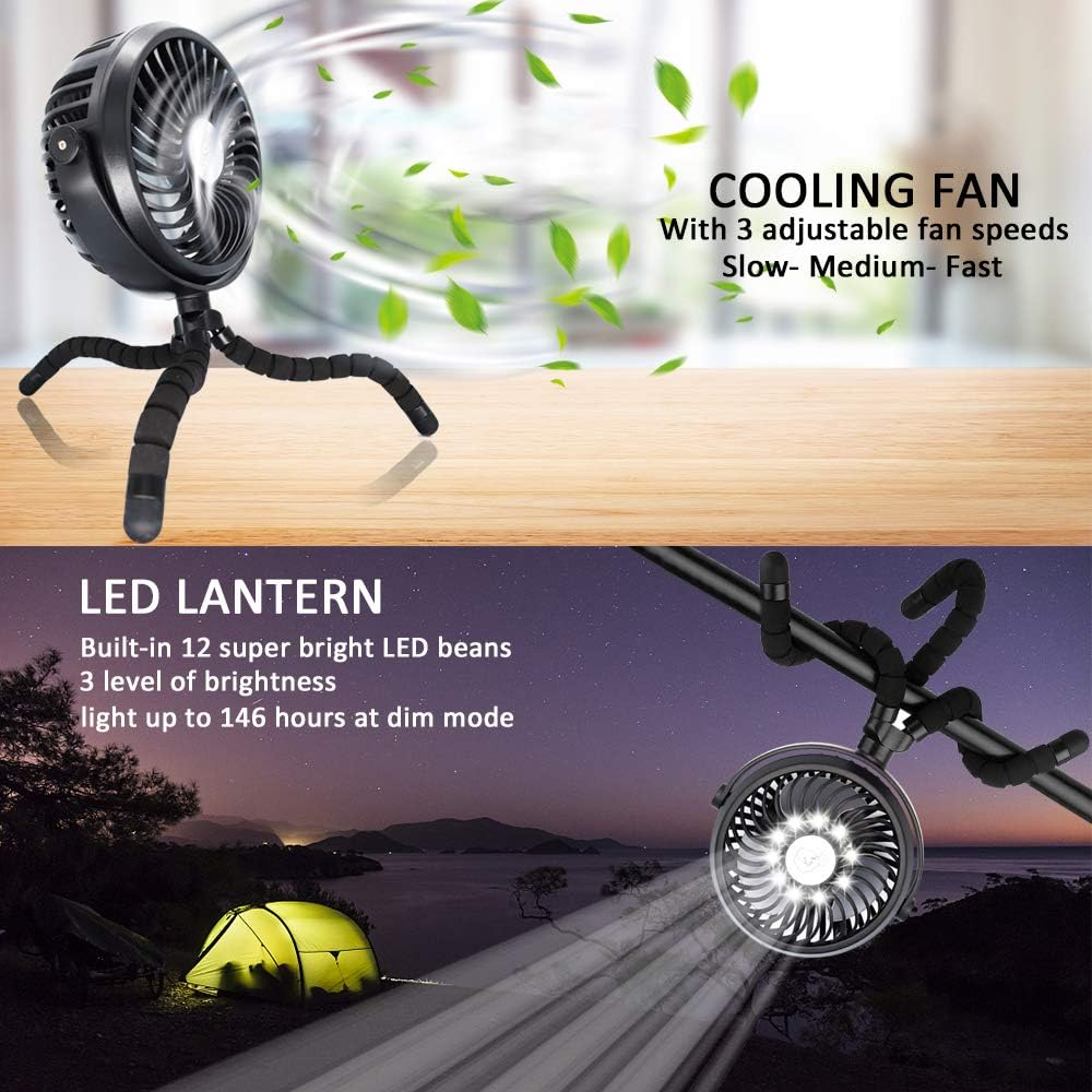 Portable Battery Powered Stroller Fan,Mini Handheld Personal USB Fan,Car Seat Baby Fan with Flexible Tripod,360&deg; Rotatable Ultra Quiet Desk Fan with LED Light for Stroller/Bike/Camping/Bbq/Gym