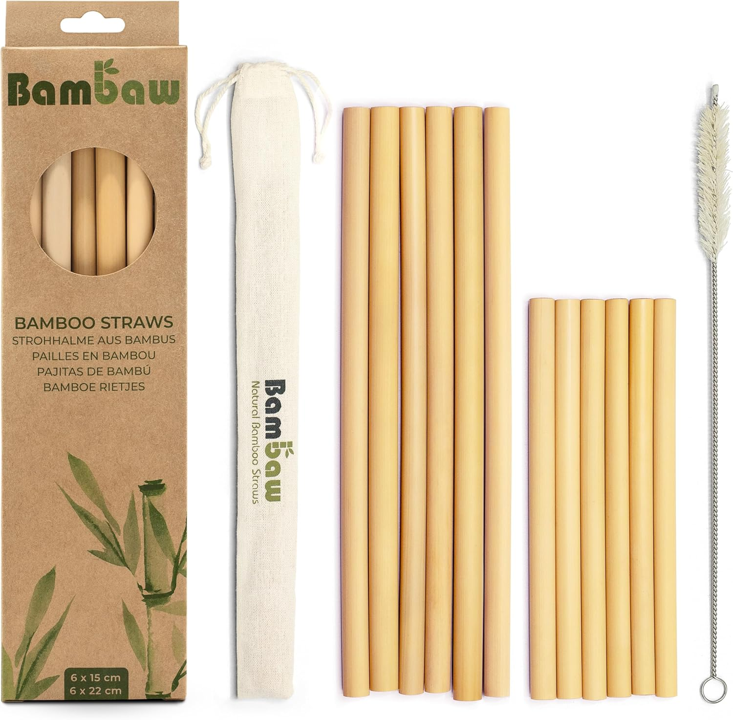 Bambaw Reusable Bamboo Drinking Straws, Reusable Straw, Strong & Durable, Cocktail Straws, Biodegradable Straws, Eco Friendly Straws, BPA Free, Pack of 6 Straws - 5.9'' & 6 Straws - 8.7''