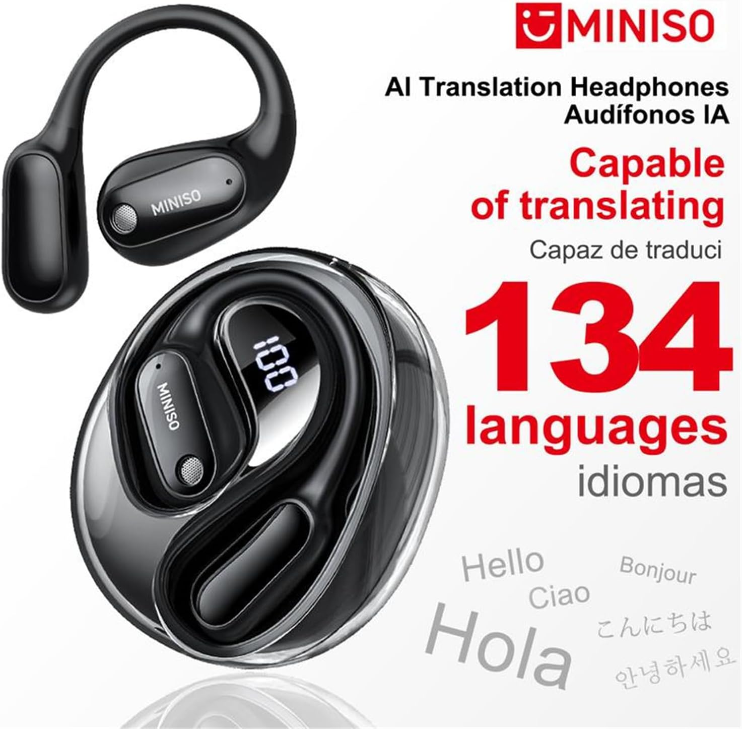 MINISO MS190 AI Translation Earbuds Real Time, 135 Language Translator Earbuds with APP, Open Ear OWS Translating Headphones, Audifonos Traductores Ingl&eacute;s Espanol Fit Ios and Android image number 1