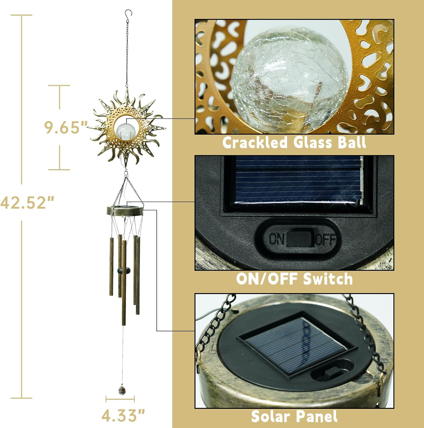 Ferrisland Solar Wind Chimes for outside Clearance, Sun Windchimes Outdoors for Porch Patio with Crackle Glass Ball LED Light, Waterproof Metal Outdoor Hanging Decor for Women Wife Mom image number 5