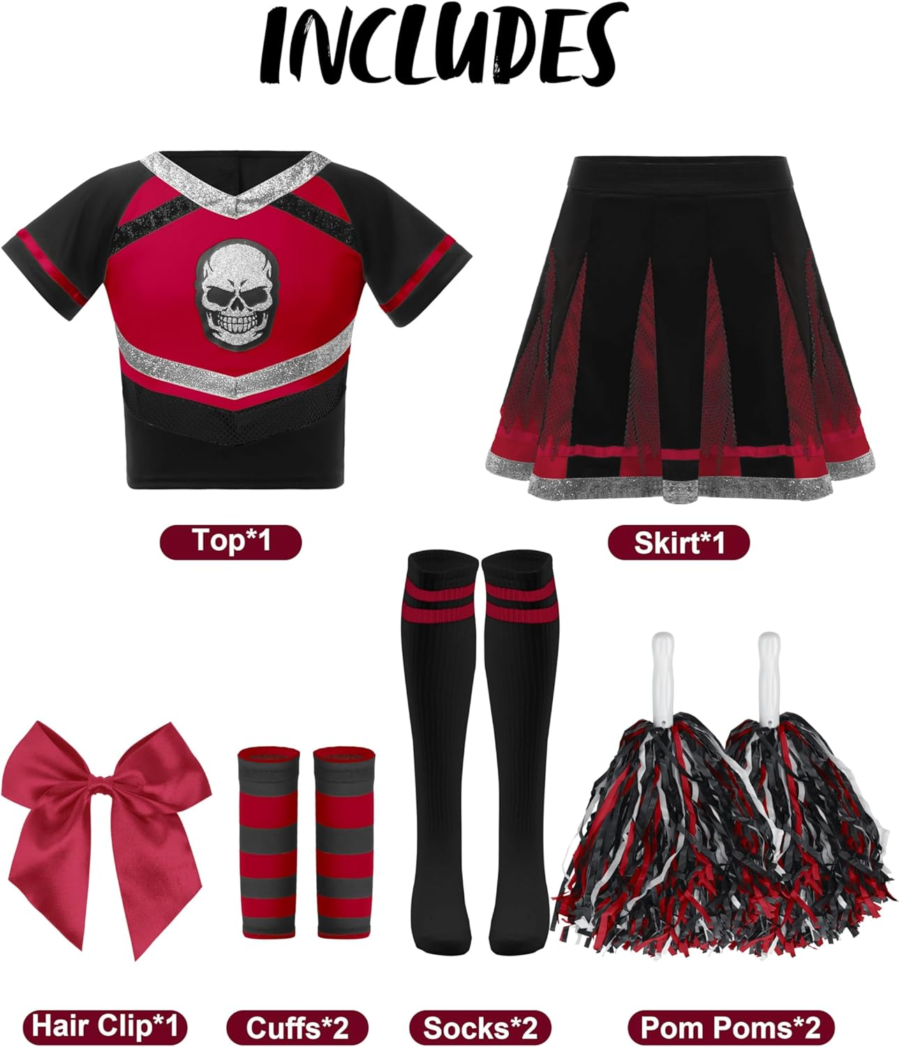 Spooktacular Creations Halloween Cheerleader Costume Girls, Bad Spirit Costume for Kids, Skull Scary Outfit with Accessories image number 3