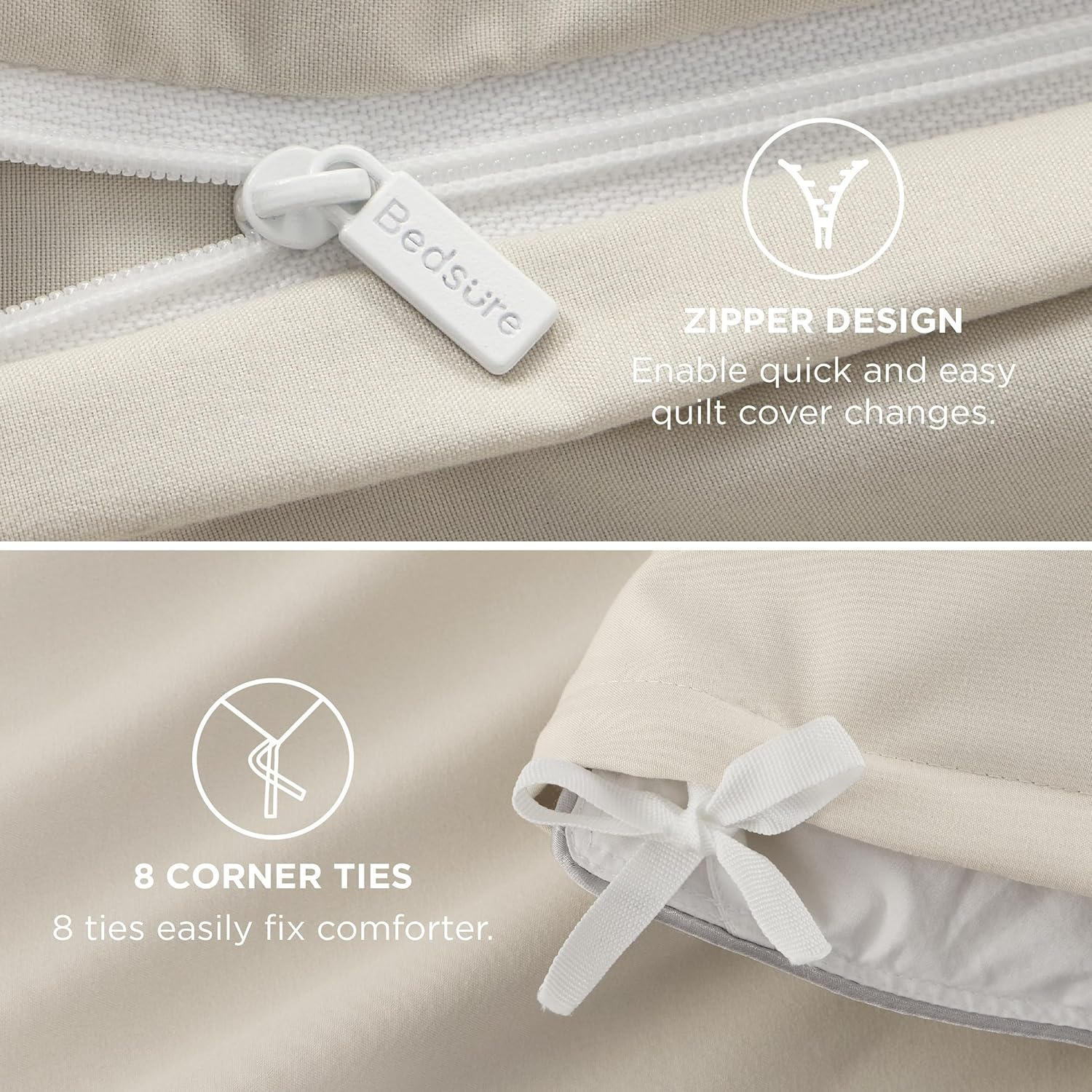 Bedsure Quilt Cover Double Size - Soft Double Brushed Bedding Set for Kids & Adults, Zipper Closure, 3 Pieces, Includes 1 Doona Cover (180X210 Cm) & 2 Pillow Shams, NO Comforter, Linen image number 4