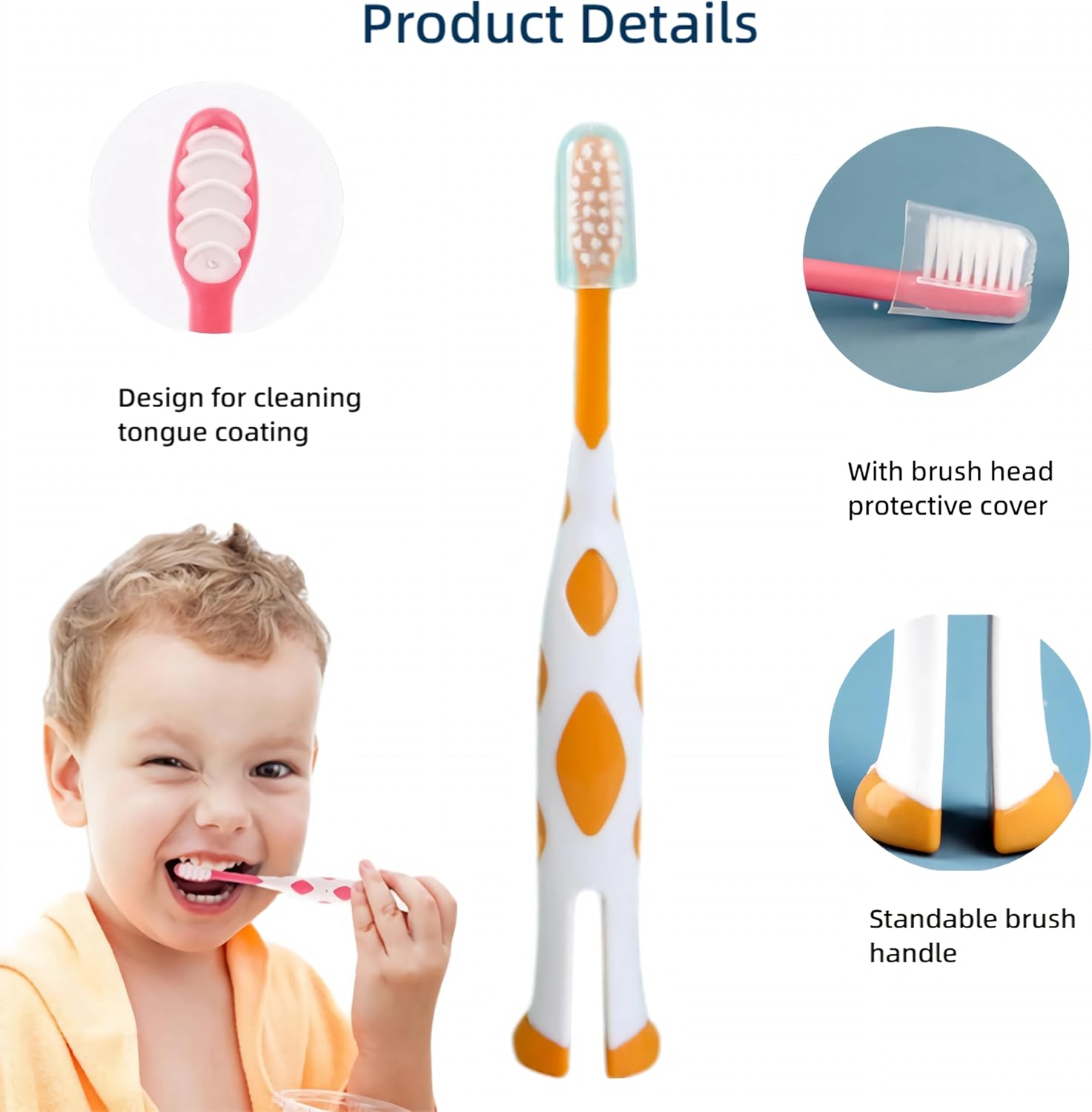 4Pcs Giraffe Kids Toothbrush with Tongue Coating Cleaning Design, Featuring a Brush Head Protective Cover and a Standing Handle Fun Toddler Toothbrush