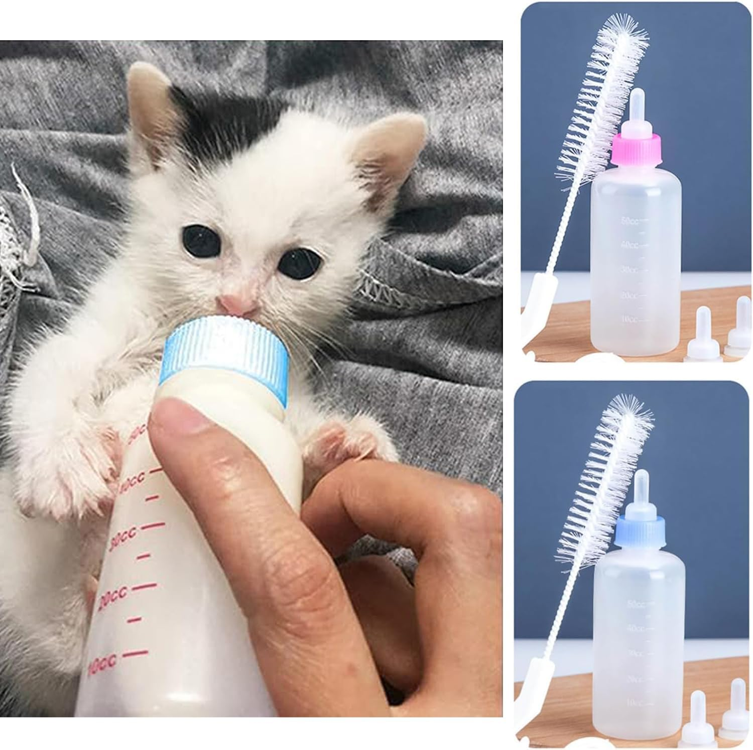 UQMIQURA Pack of 2 Cat Breeding Bottles, 60 Ml Cat Bottle Set, Pet Baby Bottle Kit with Cleaning Brush and Replacement Nipples, Breeding Bottle Pet Milk Bottle for Kittens image number 1