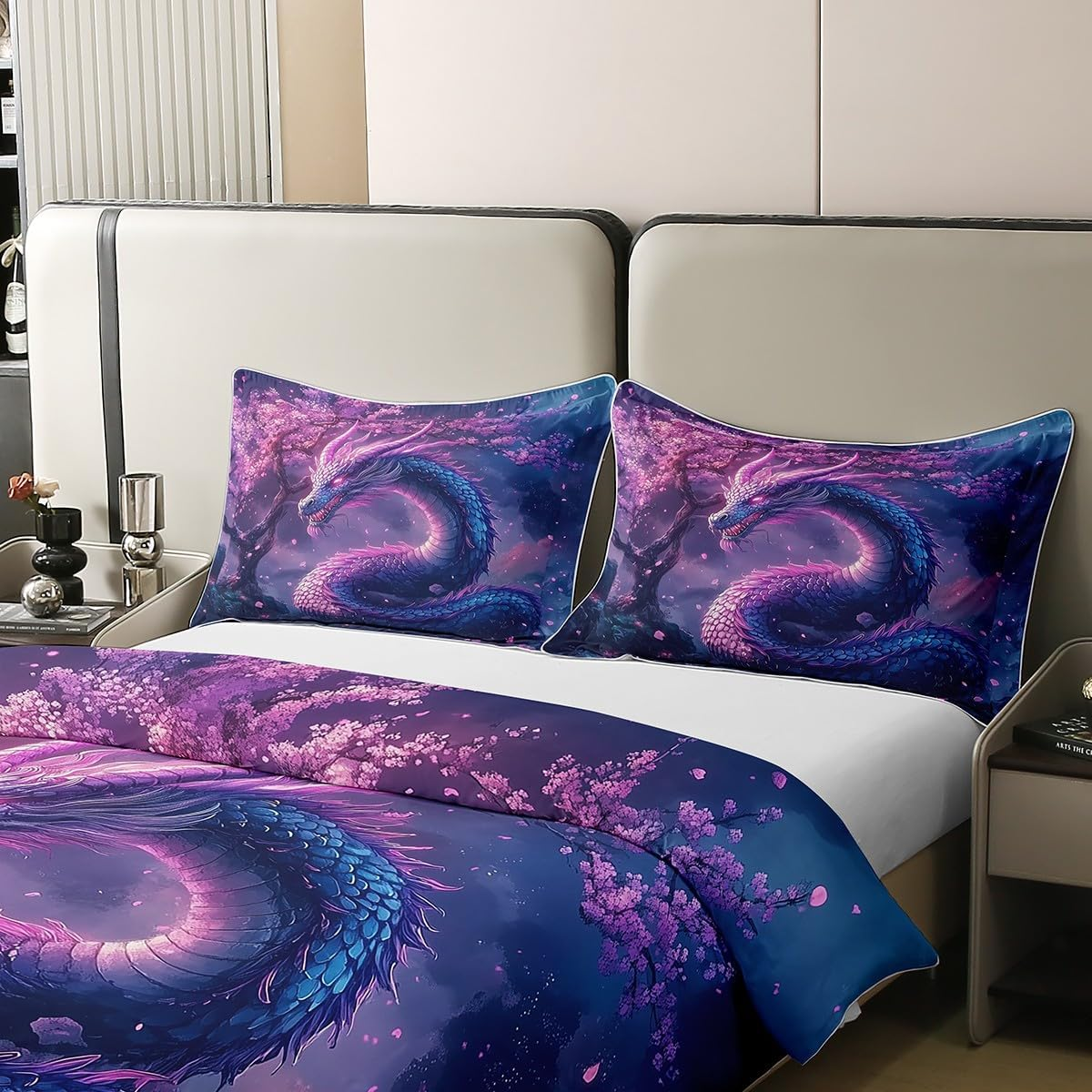 3D Dragon 100% Cotton Duvet Cover, 135 X 200 Cm, Decor, Magic Fantasy Animal Bed Linen Set for Children, Teens, Adults, Japanese Floral Comforter Cover, Dreamlike Galaxy Sky Bed Set with 1 Pillowcase image number 1