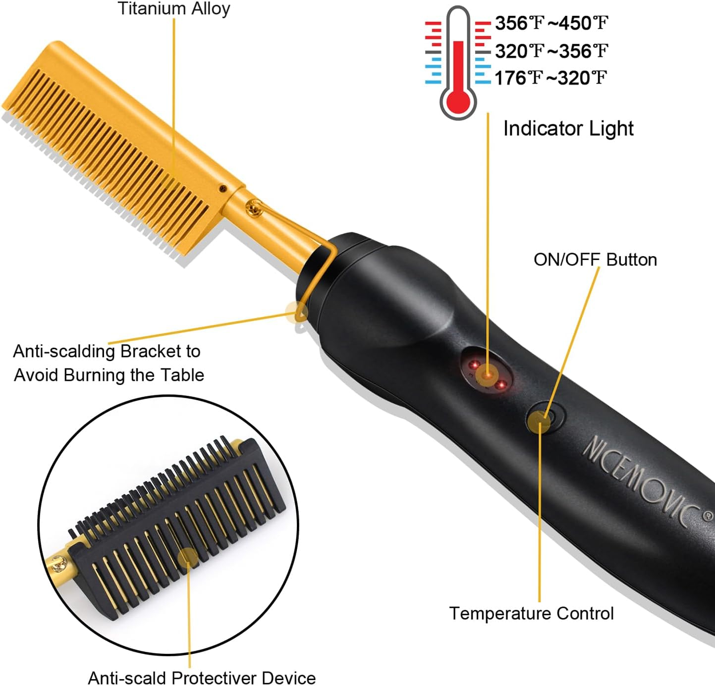 NICEMOVIC Ceramic Heating Hair Straightener Comb - Hot Pressing Brush for Natural Black Hair, Beard Wigs, and Curling (Gold) image number 5