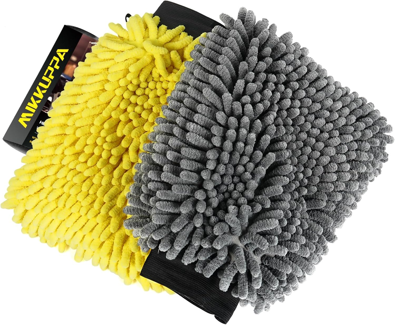 MIKKUPPA Car Wash Mitt Microfiber - Double-Sided Chenille Scratch Free Mitt with Waterproof Inner for Car Washing Home Cleaning (Gray, 2Pack, 10'' X 7'')